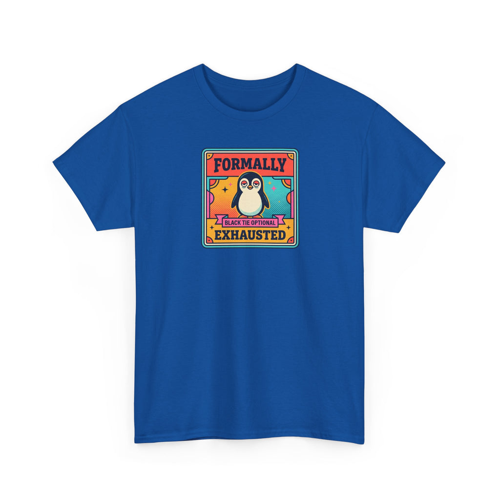 Royal blue crewneck T-shirt with front penguin graphic and slogan patch.