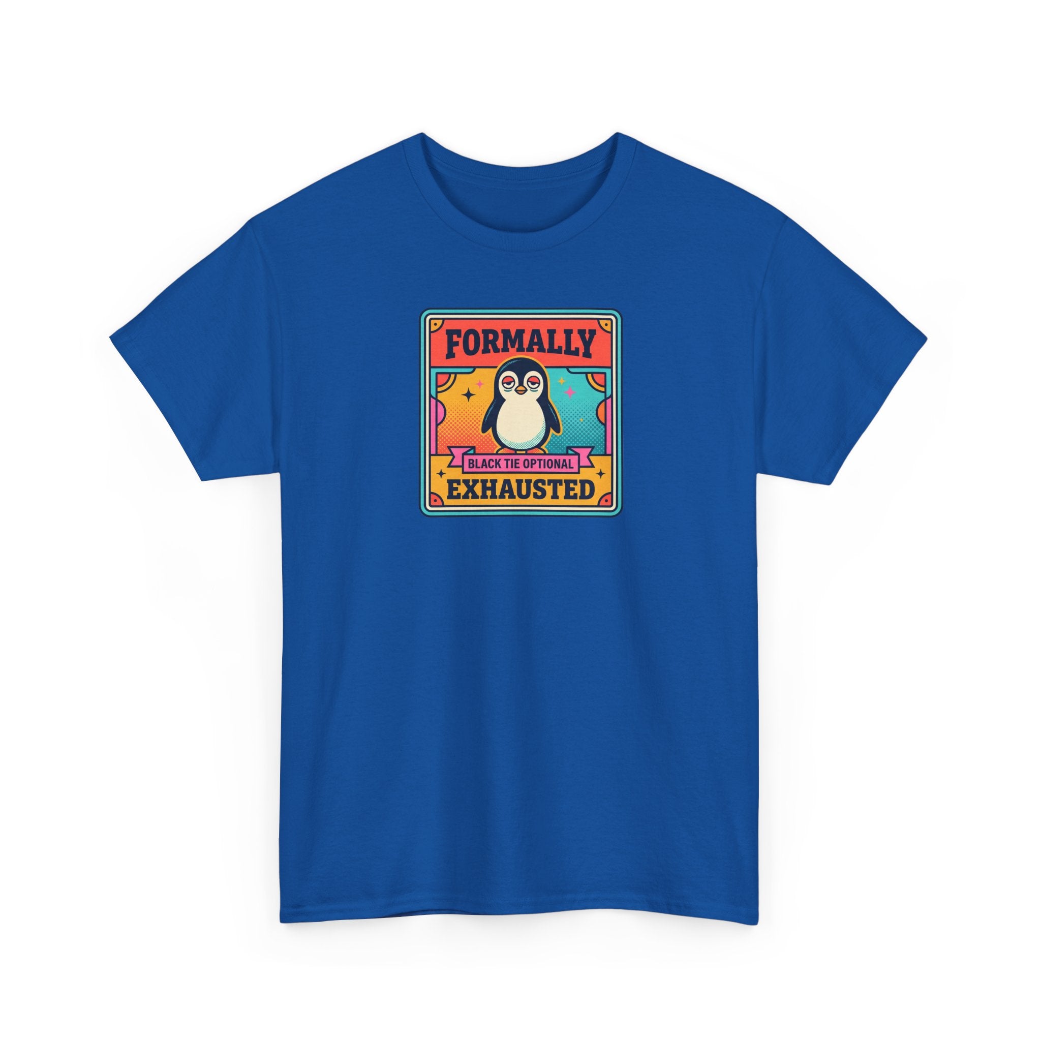 Royal blue crewneck T-shirt with front penguin graphic and slogan patch.