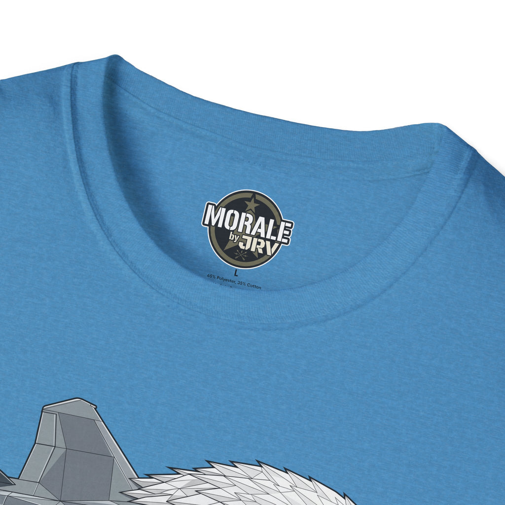 Eagle Fighter Jet T-Shirt close-up neck label Morale by JRI on blue