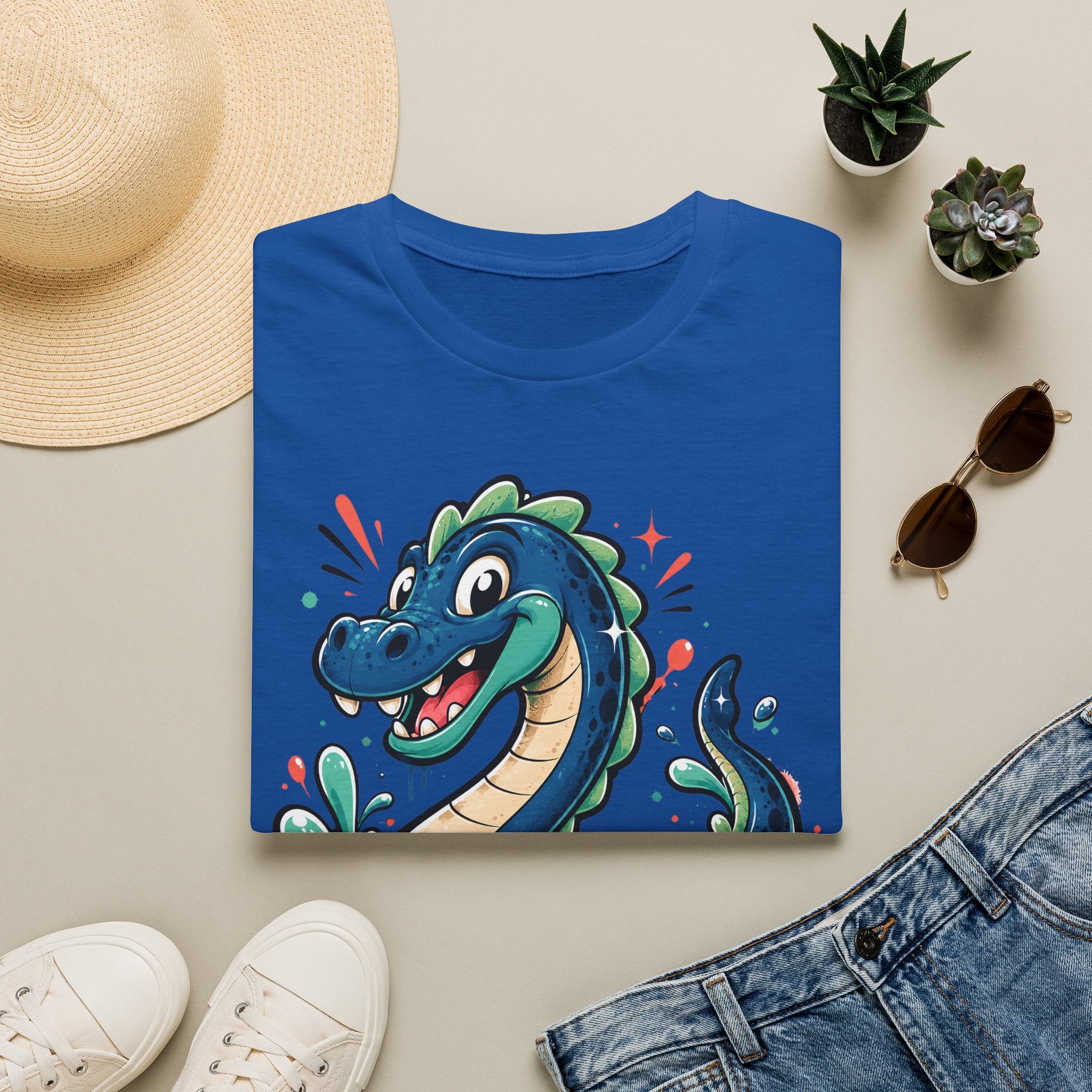 Royal blue sea serpent graphic T-shirt with colorful cartoon lake monster on front