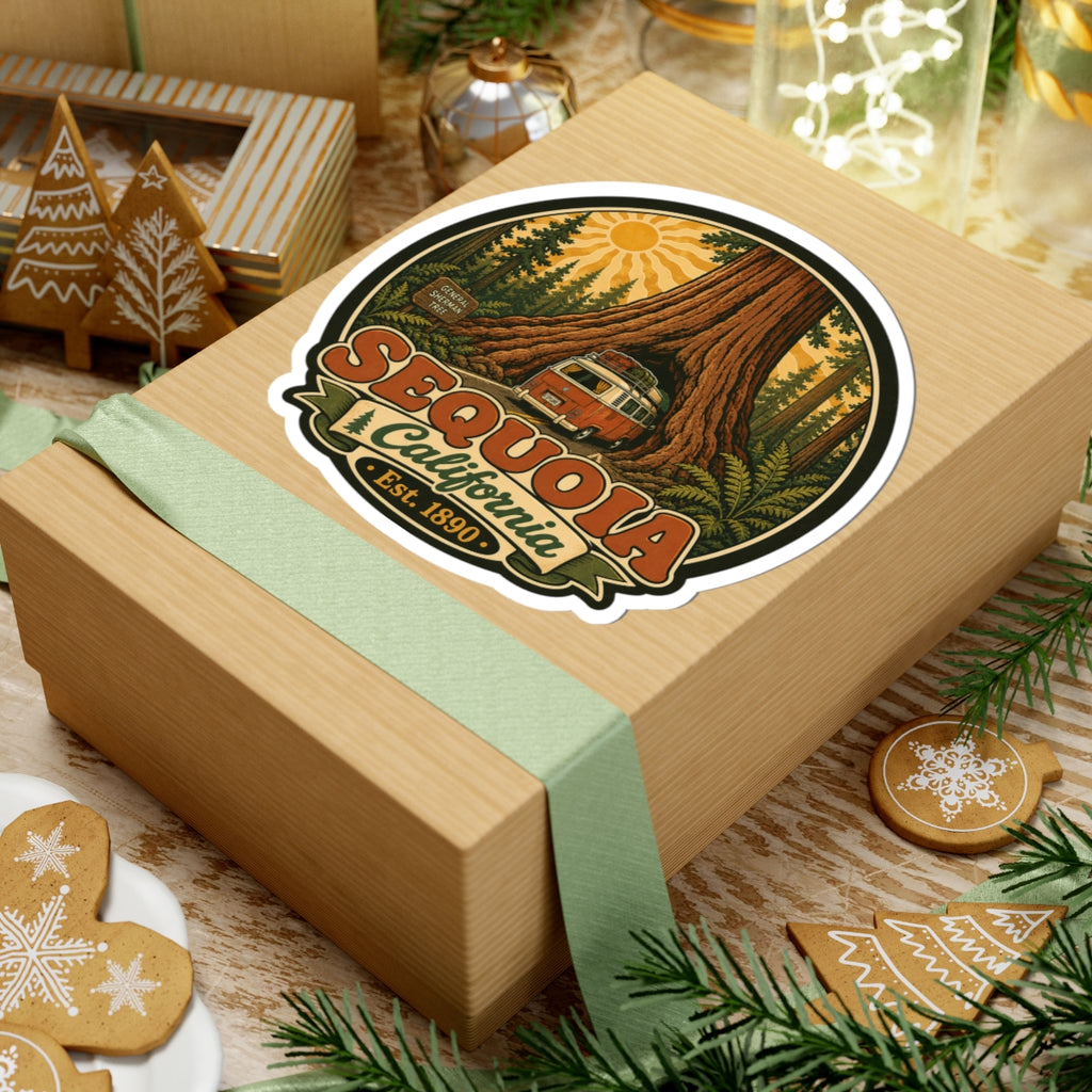 Round sticker with sequoia tree, camper van, and Sequoia California Est. 1890 lettering.