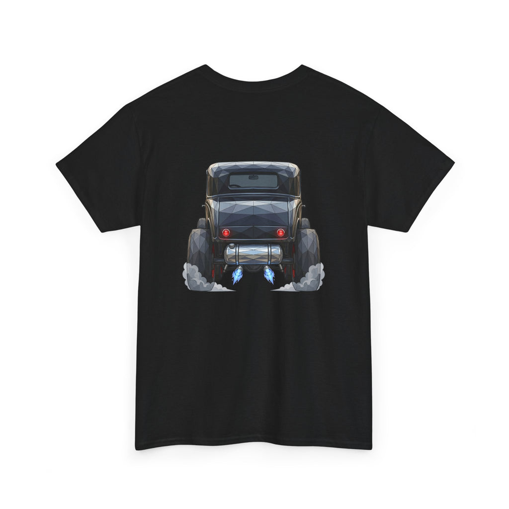 Black T-shirt with vintage hot rod rear graphic centered on the chest