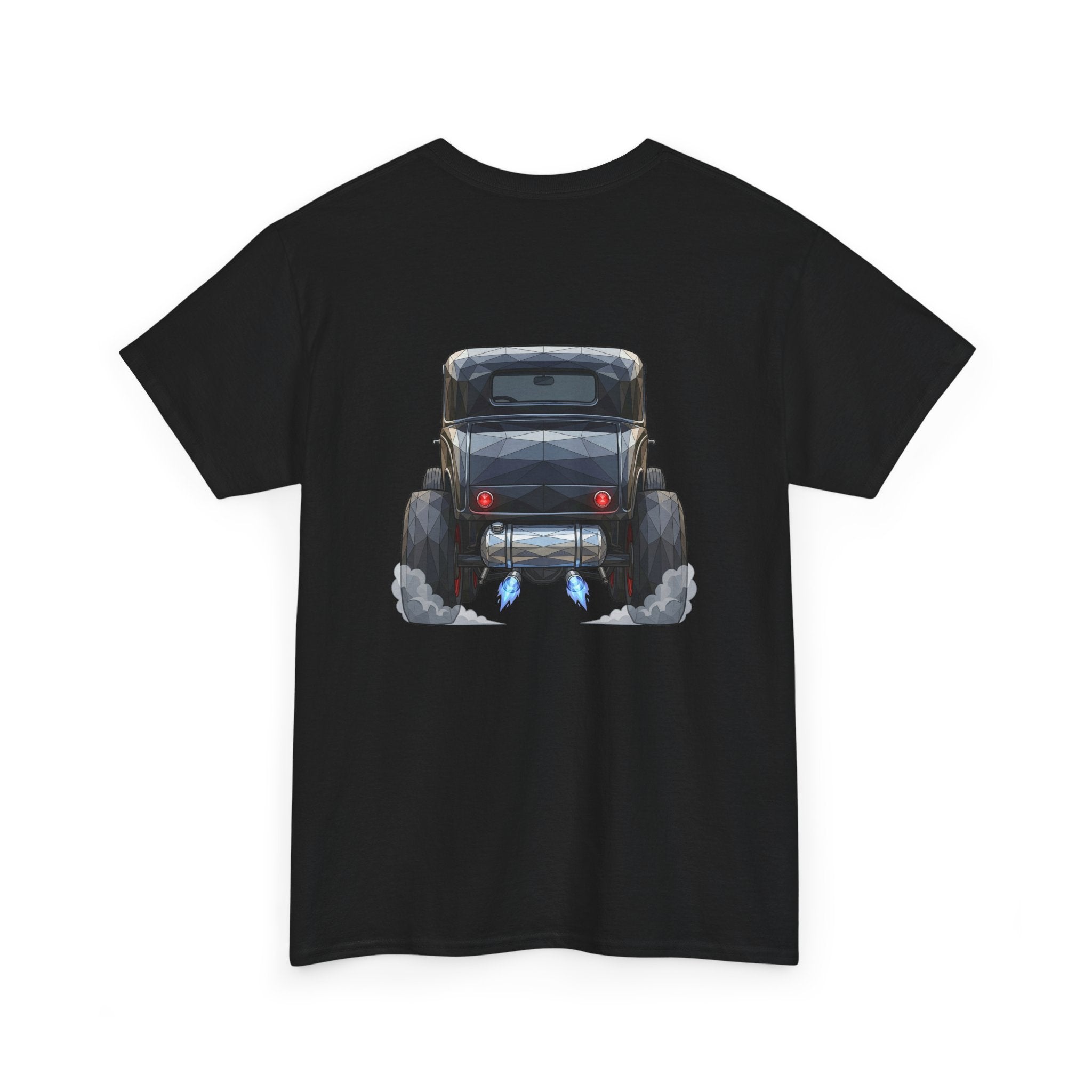 Black T-shirt with vintage hot rod rear graphic centered on the chest