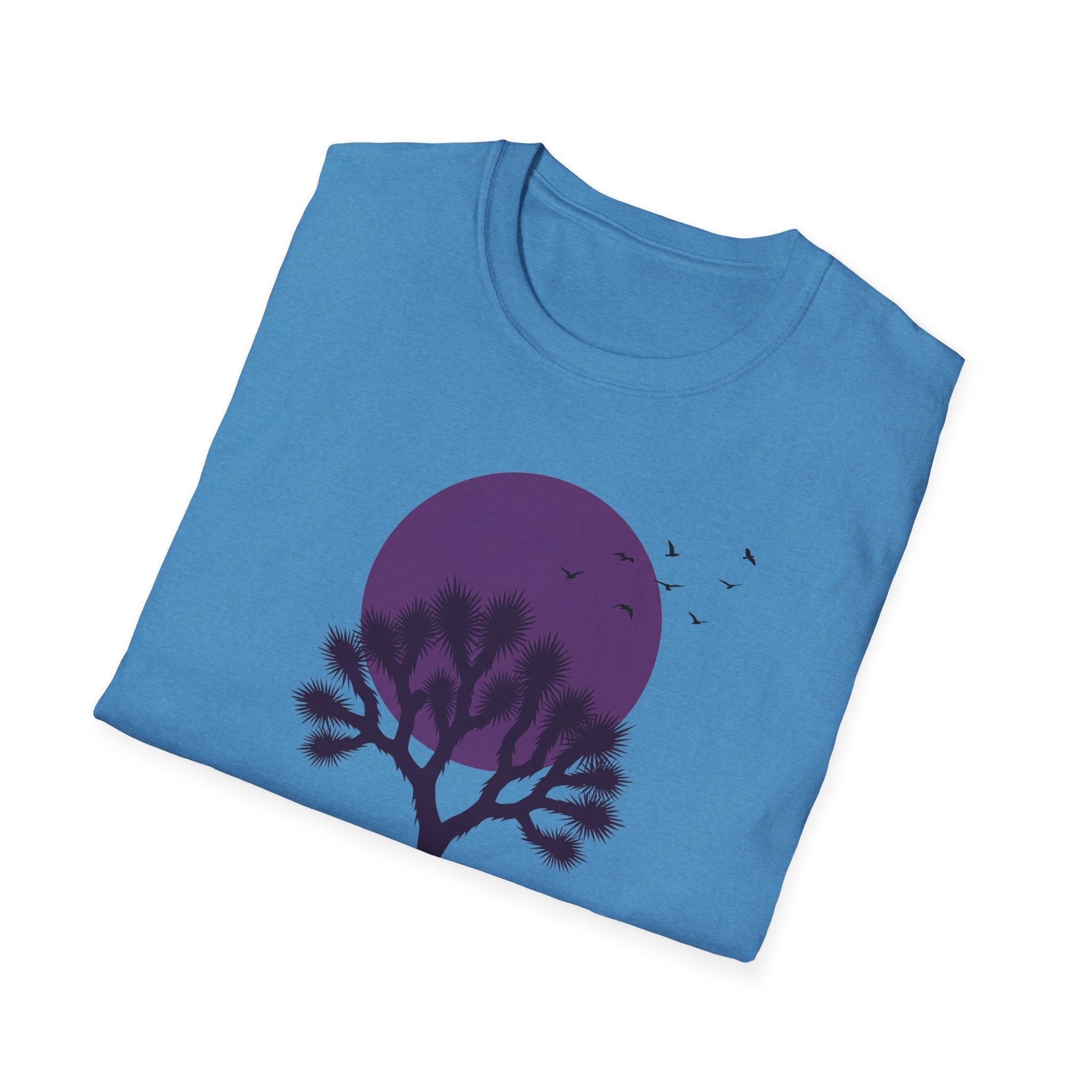 Blue T-shirt with purple moon, Joshua tree silhouette and birds graphic