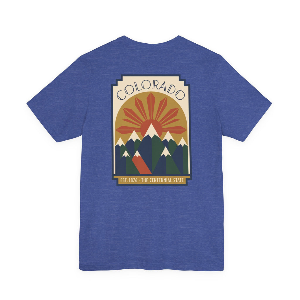 Blue T-shirt with Colorado sunset mountain graphic front print
