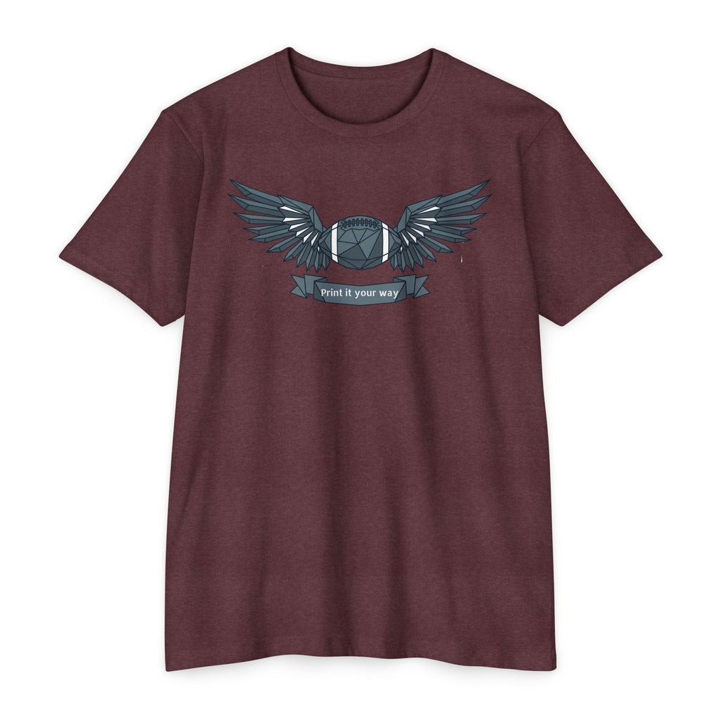 Brown crewneck T-shirt with winged camera emblem graphic on the chest