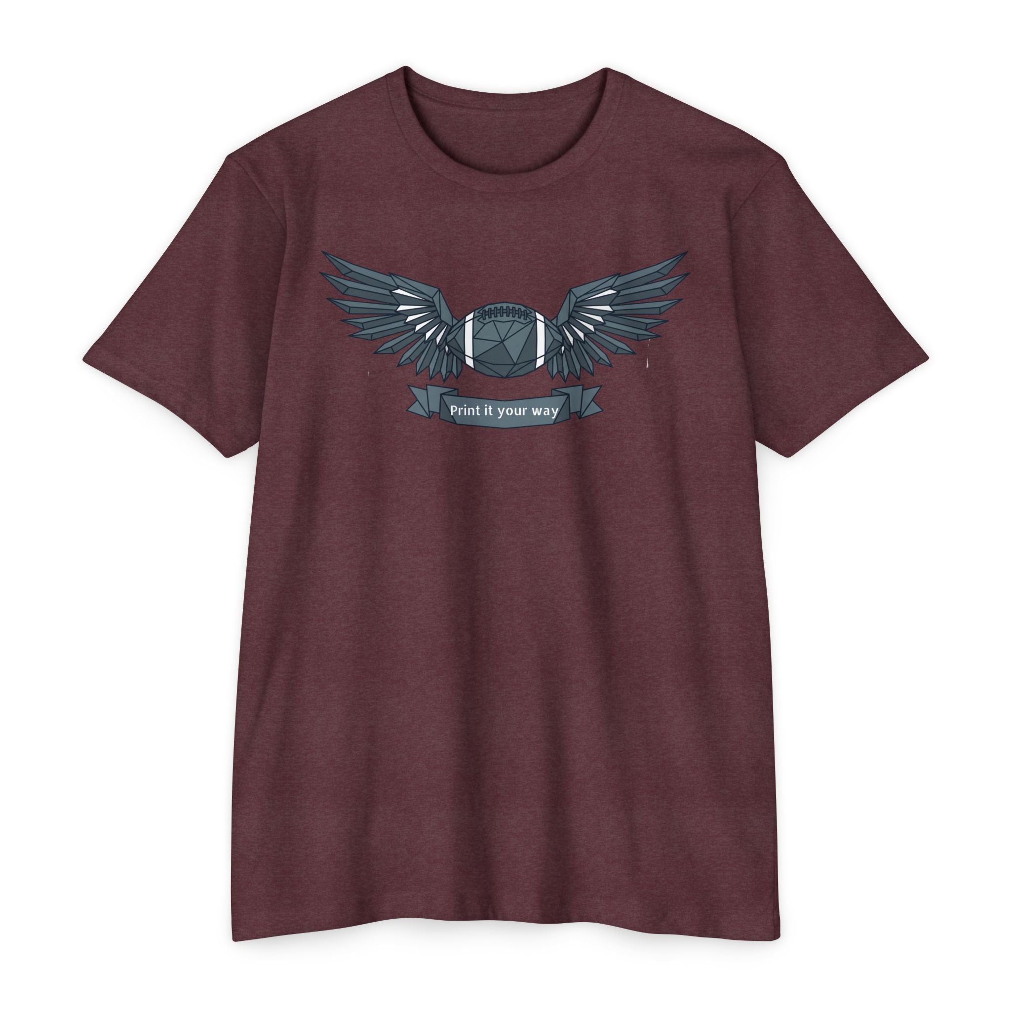 Brown crewneck T-shirt with winged camera emblem graphic on the chest