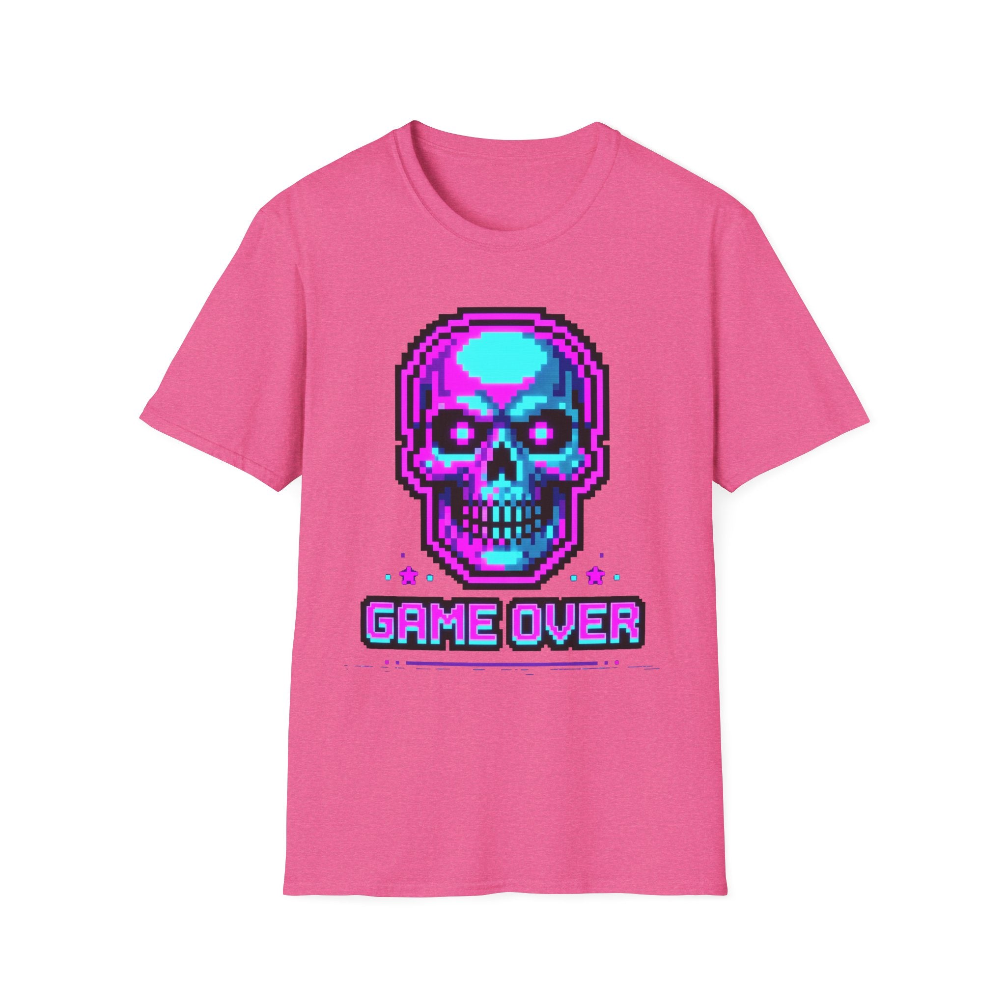 Pink t-shirt with pixel skull headphones graphic and 'GAME OVER' text