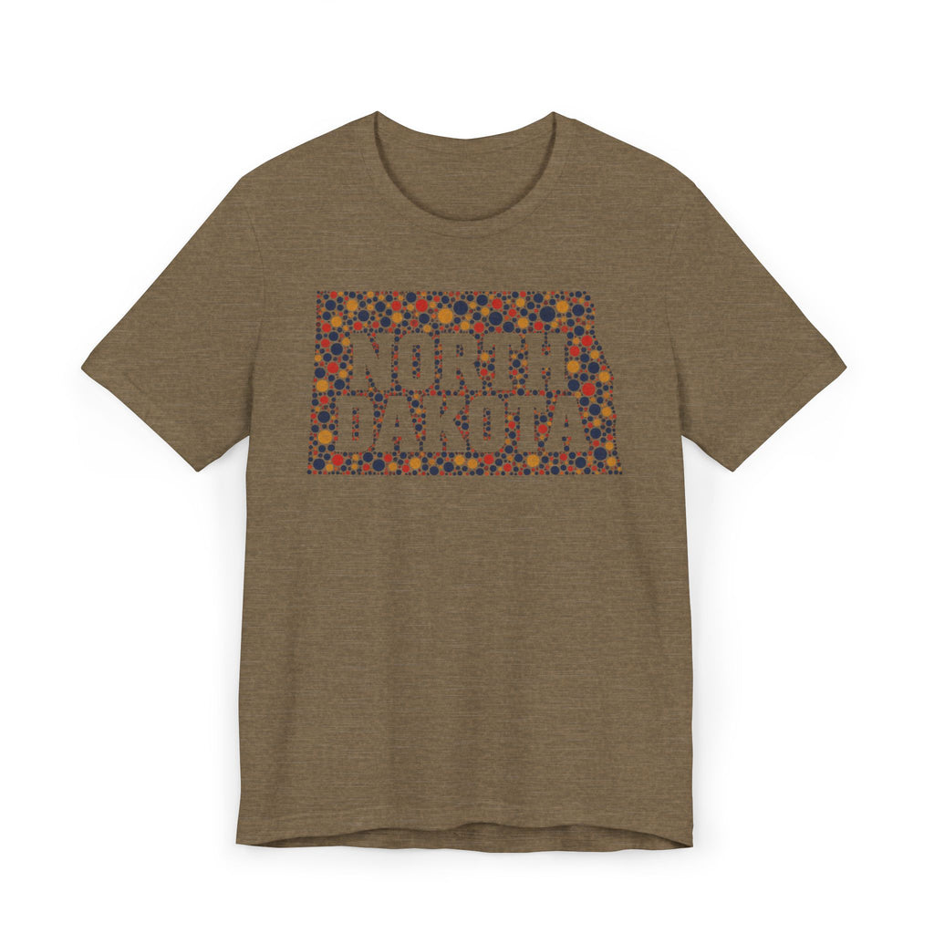 Olive-brown T-shirt with colorful "North Dakota" floral map graphic on front