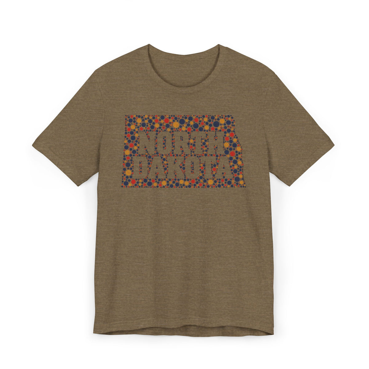 Olive-brown T-shirt with colorful "North Dakota" floral map graphic on front