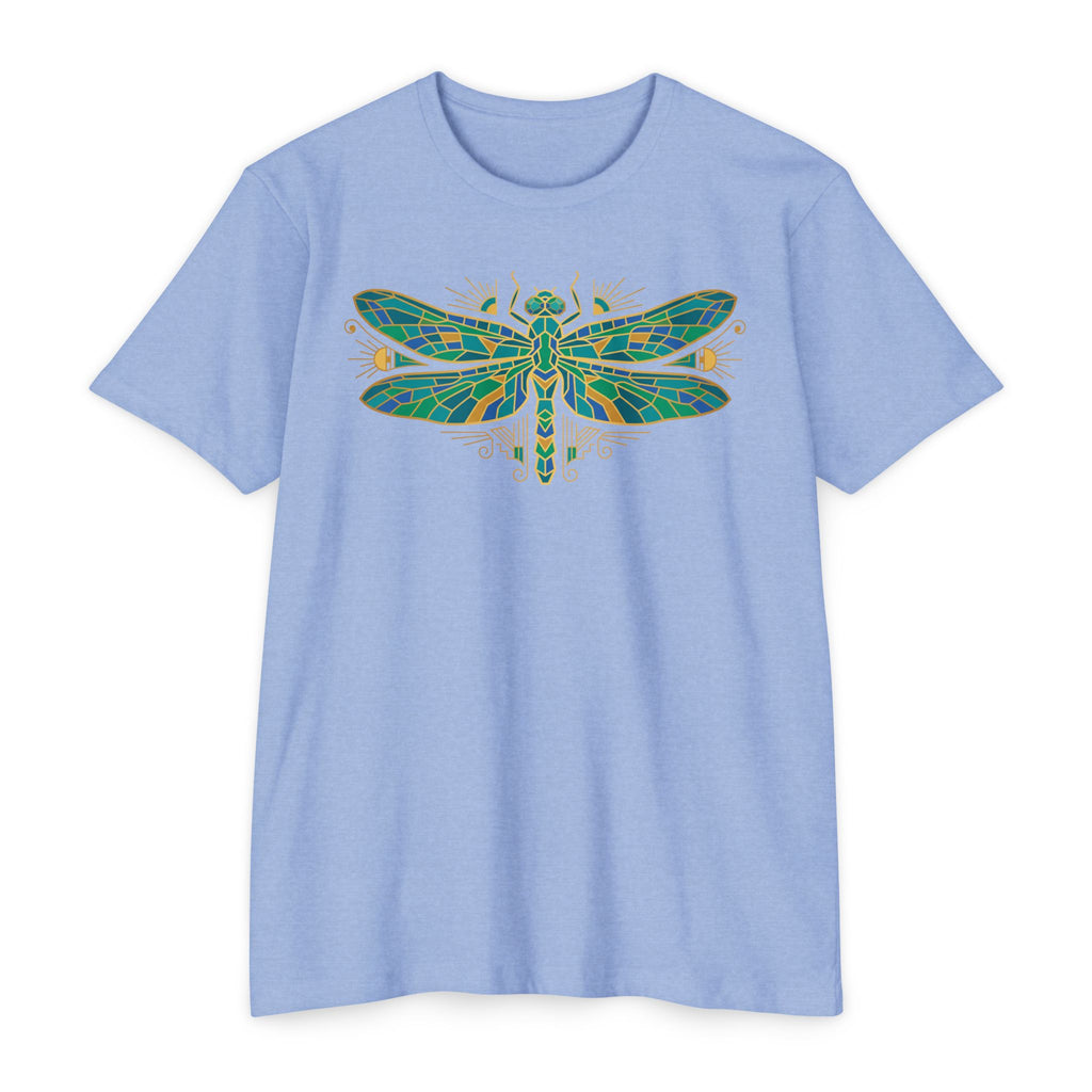 Light blue t-shirt with colorful dragonfly mosaic graphic on the chest