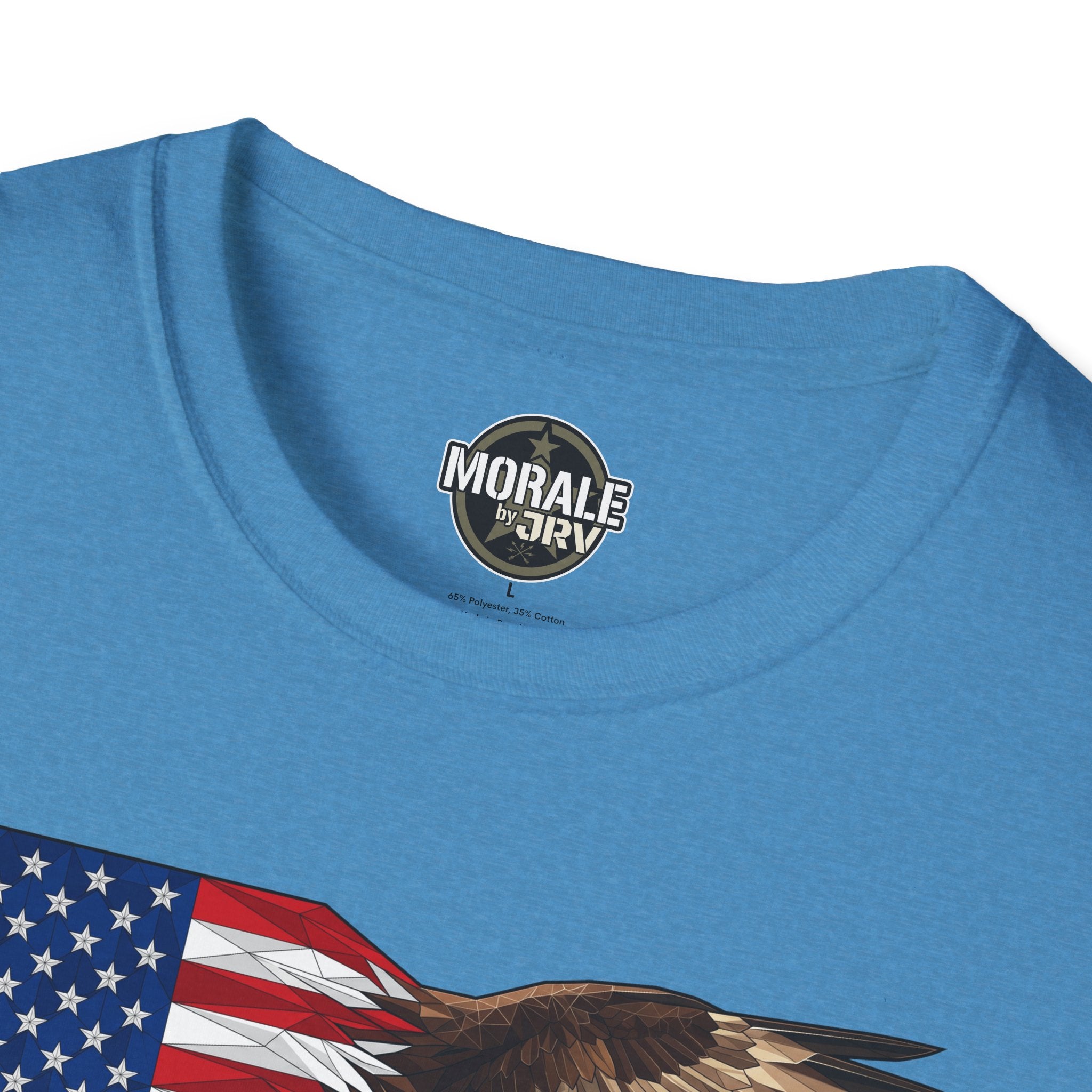 Crew neck label on heather blue T-shirt with crest logo
