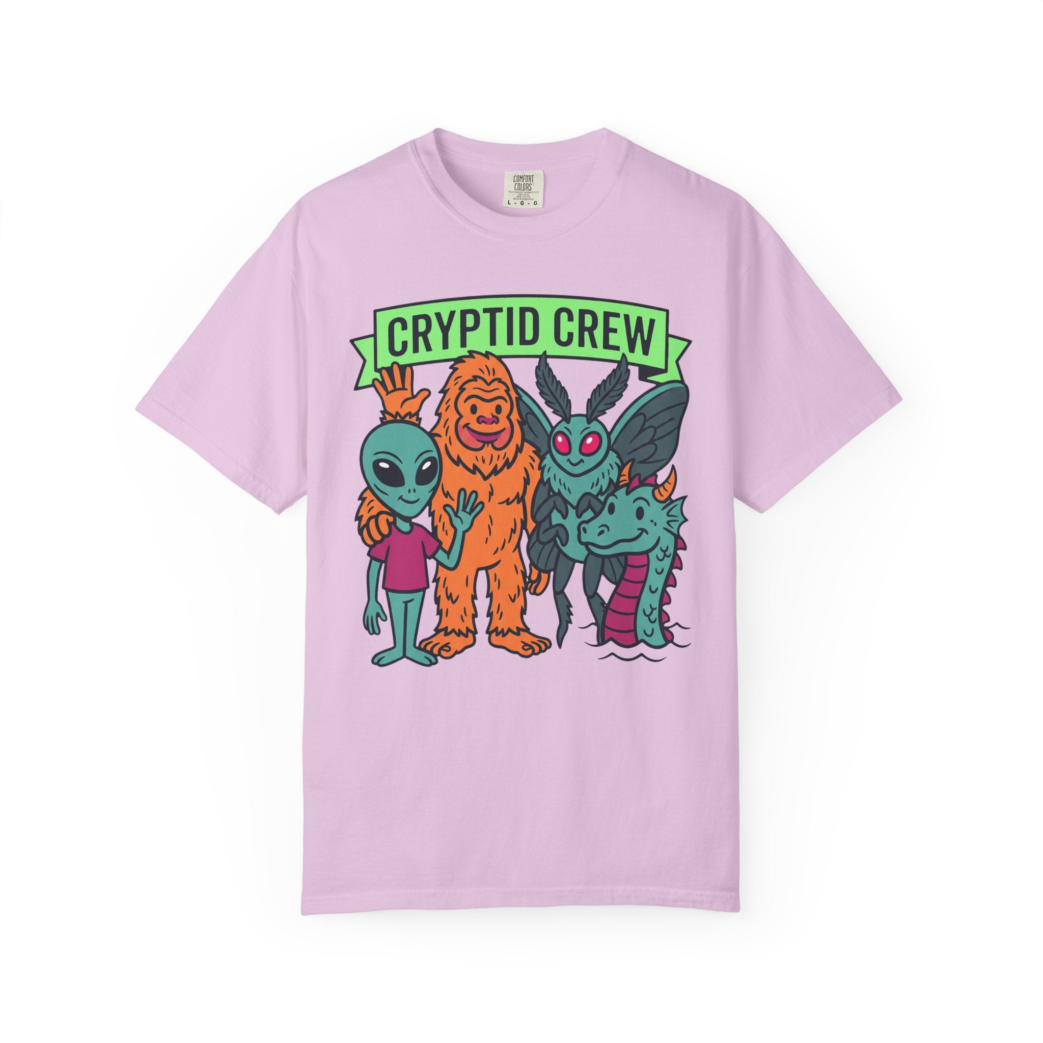 Lavender Cryptid Crew T-shirt with green CRYPTID CREW banner and monster lineup