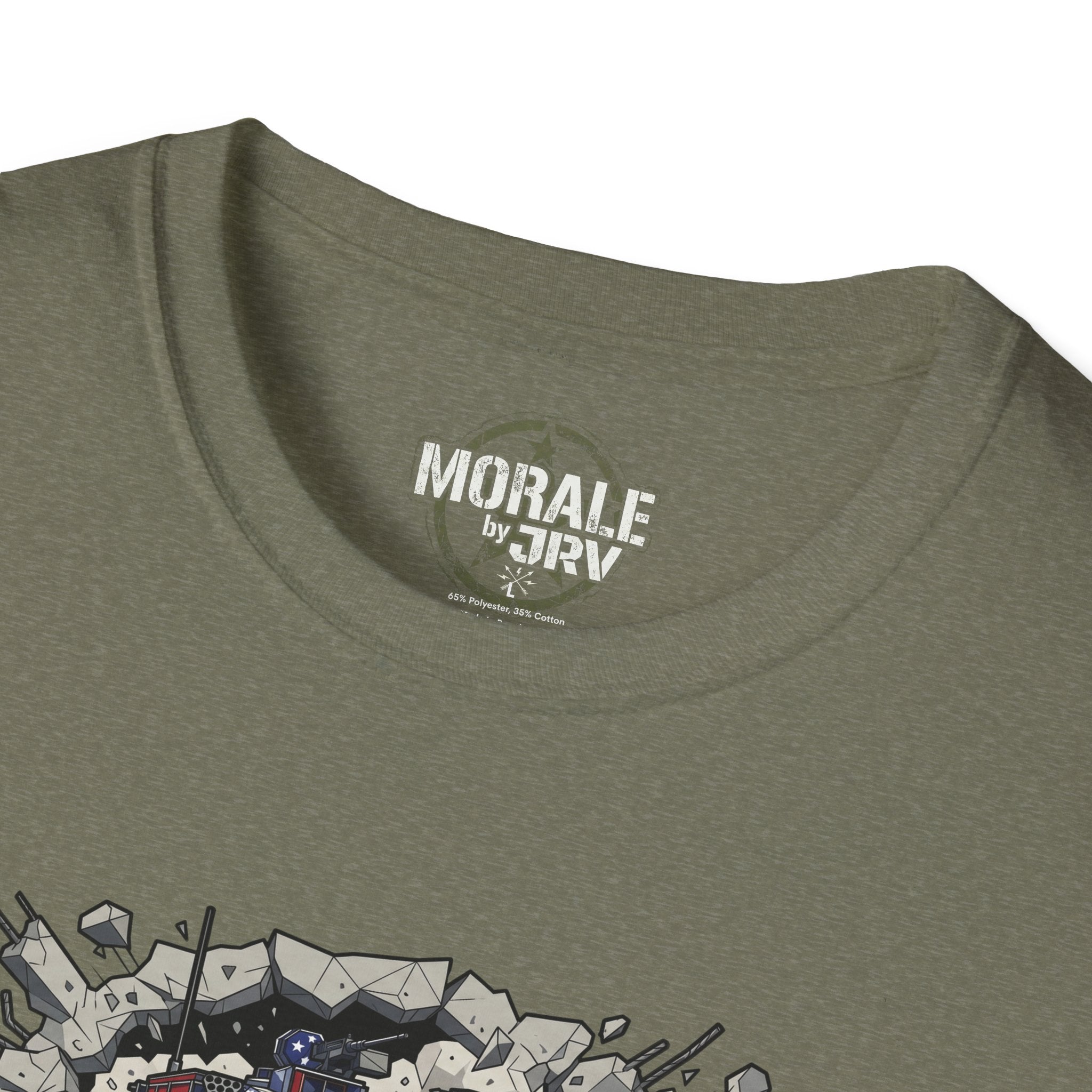 Heather military green T-shirt neckline close-up with brand patch and graphic edge