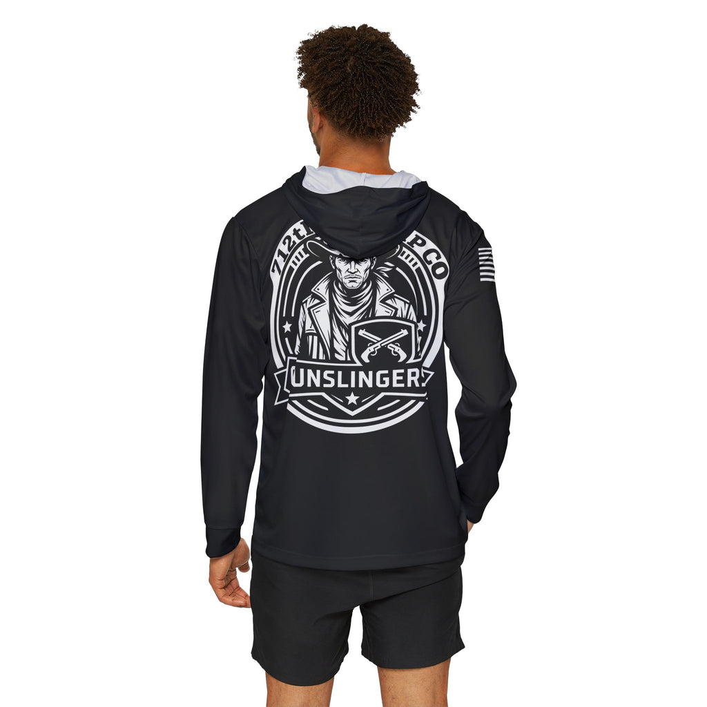 Dark sport hoodie with hood, large back Gunslinger graphic, striped sleeve accents