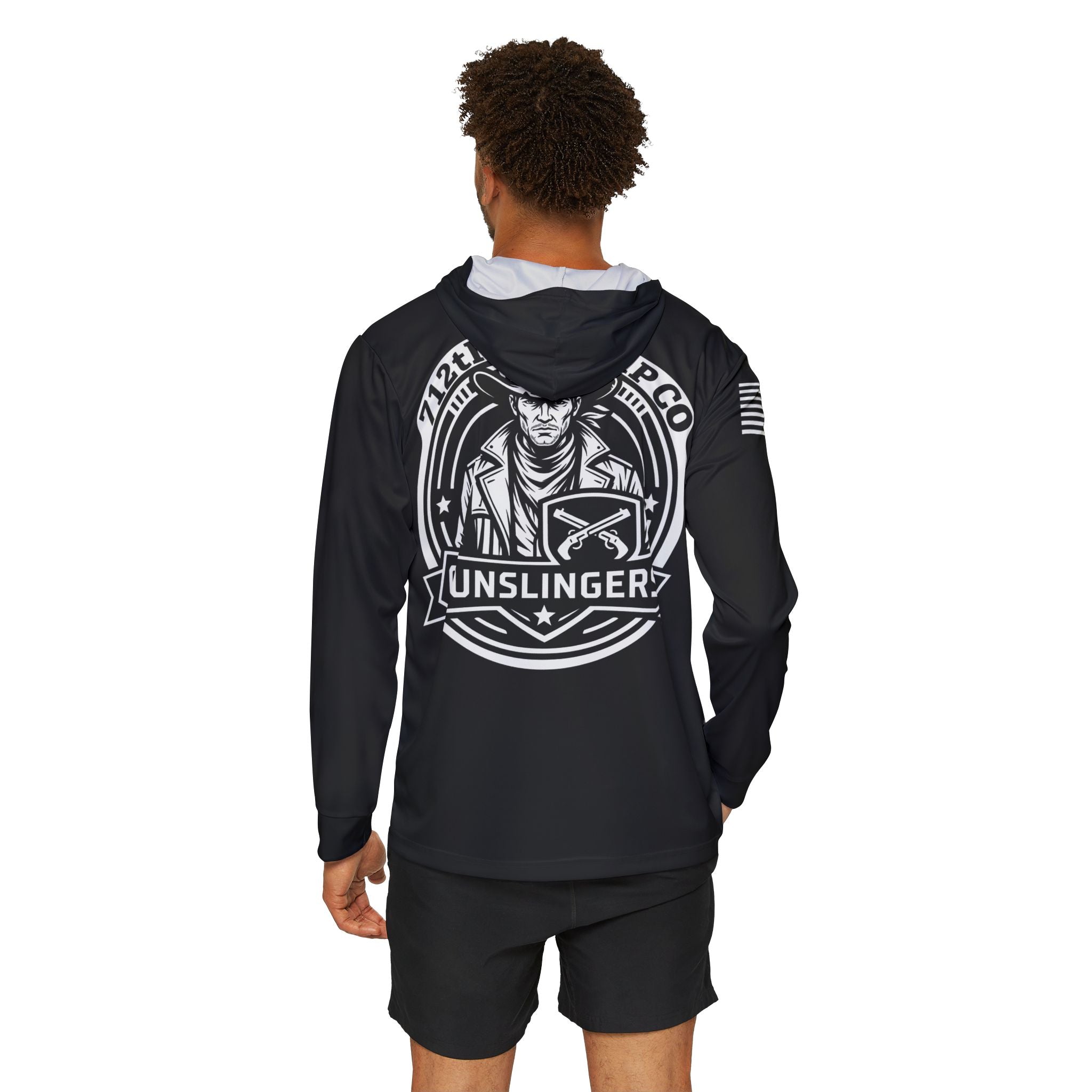 Dark sport hoodie with hood, large back Gunslinger graphic, striped sleeve accents