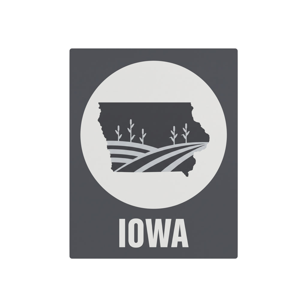 Centered dark gray Iowa metal wall sign with white circle and farm fields silhouette, IOWA