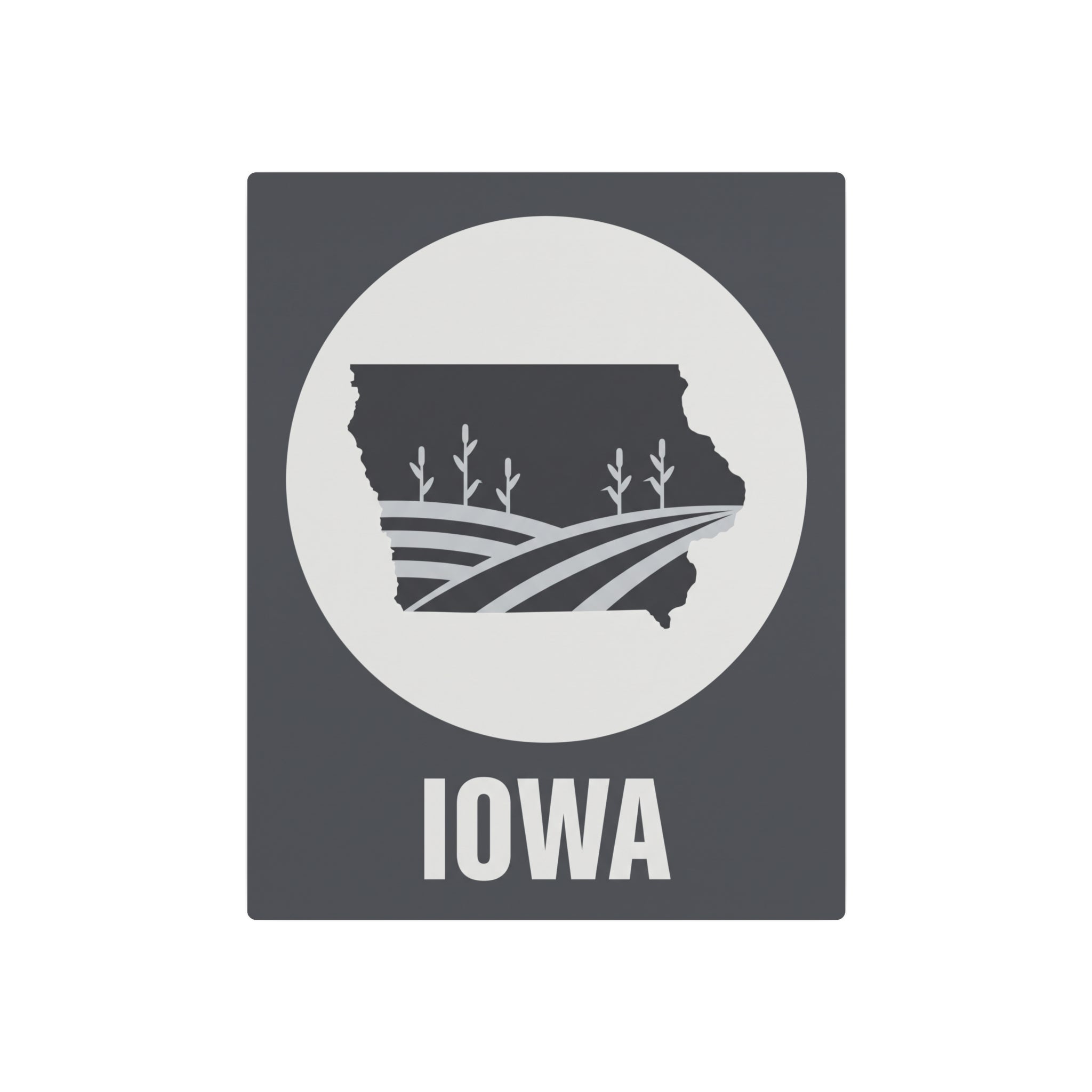 Centered dark gray Iowa metal wall sign with white circle and farm fields silhouette, IOWA