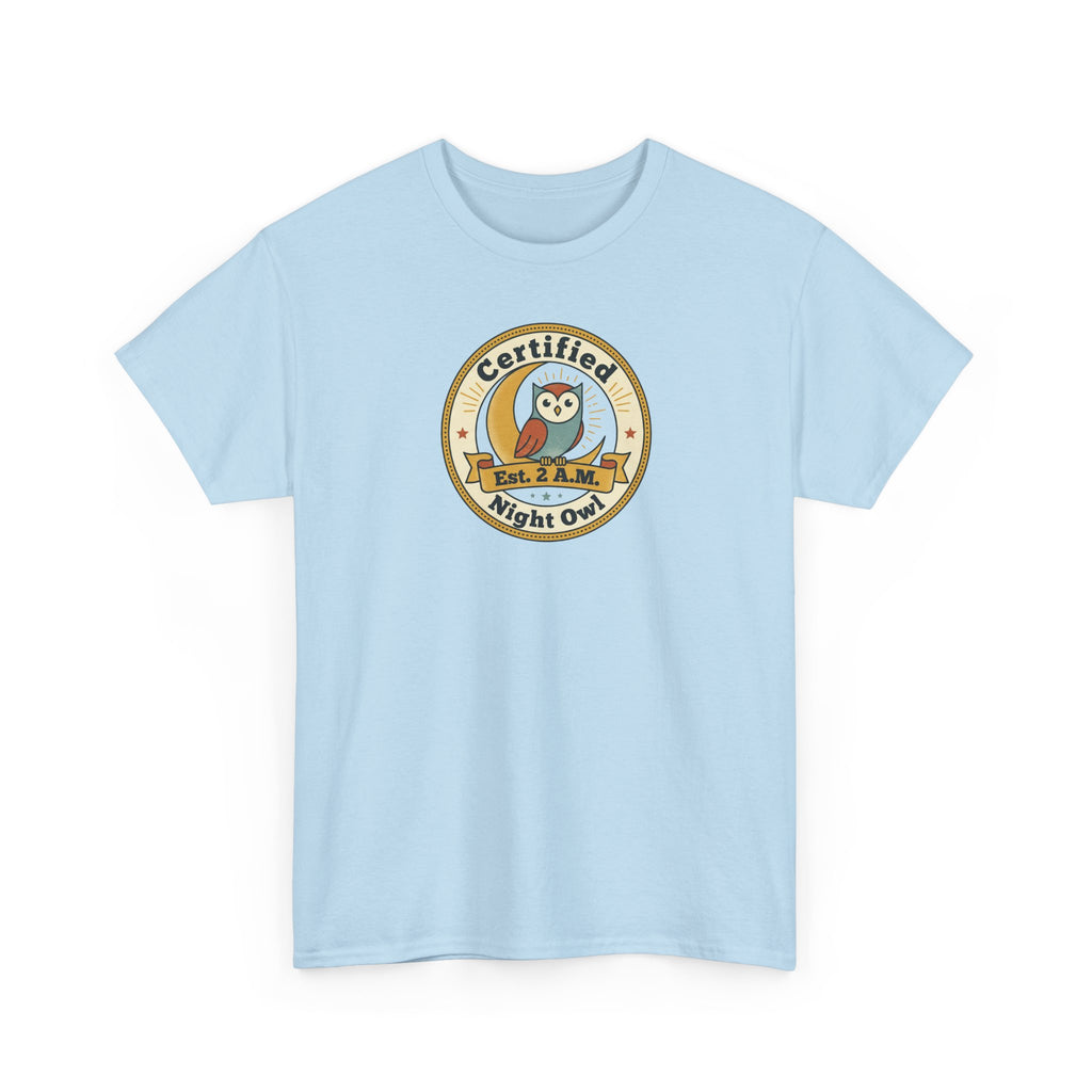 Light blue crew-neck t-shirt with “Certified Night Owl” owl badge graphic
