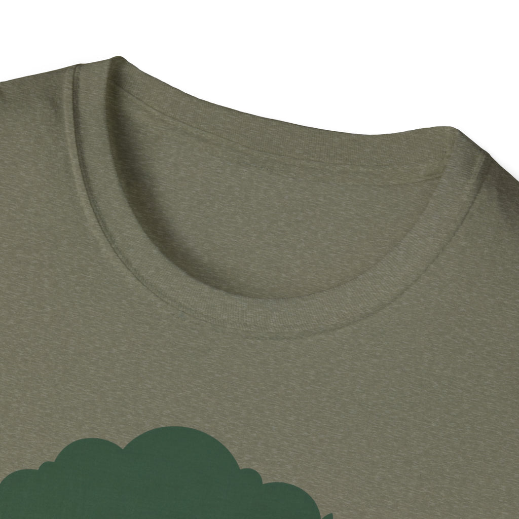 Heather military green T-shirt with green tree graphic, close-up of crew neck
