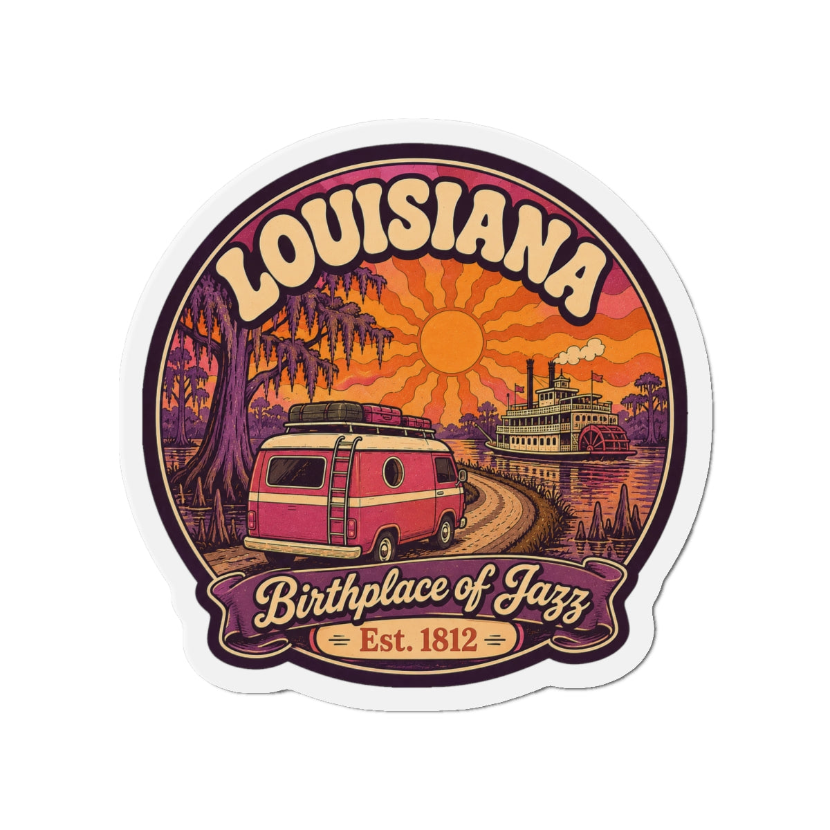 Die-cut Louisiana Birthplace of Jazz magnet, purple border and orange sunset, Est. 1812