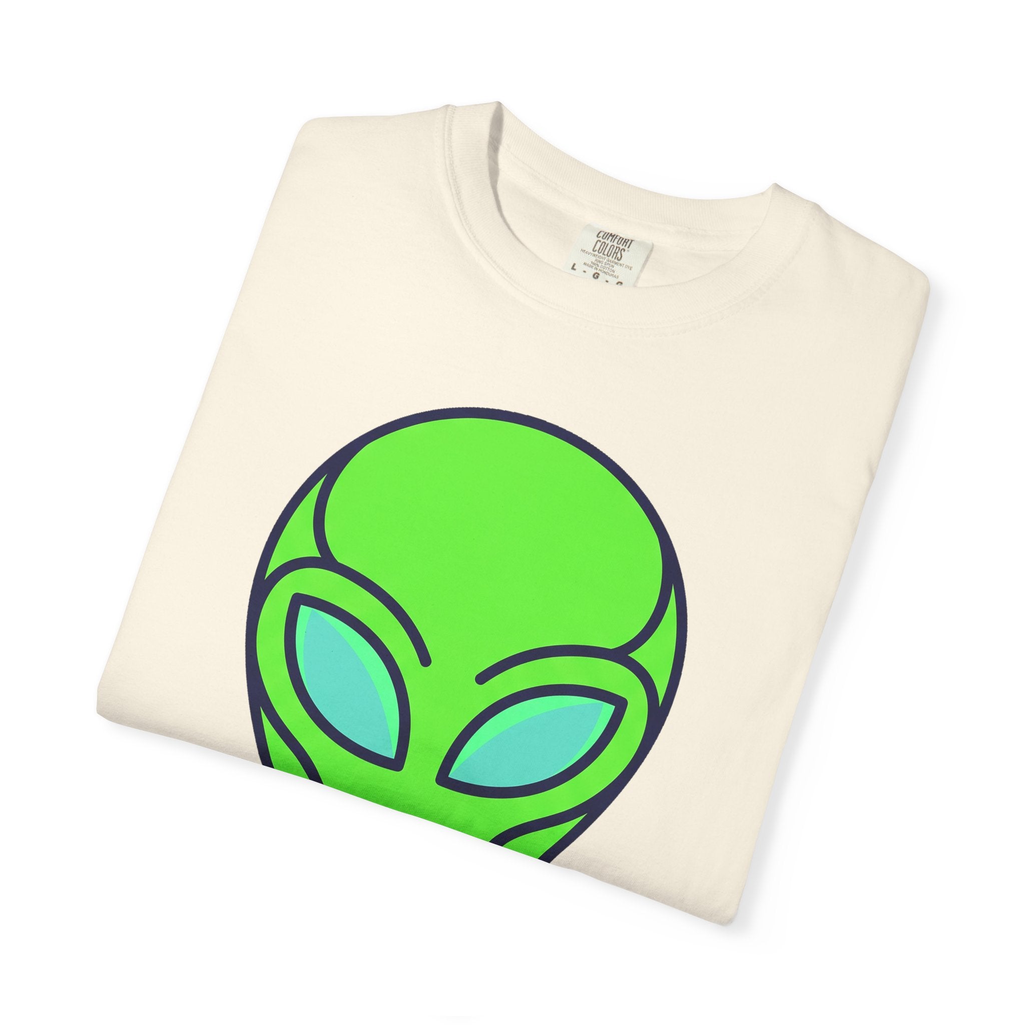 Alien face graphic T-shirt in ivory/cream with neon green and blue print