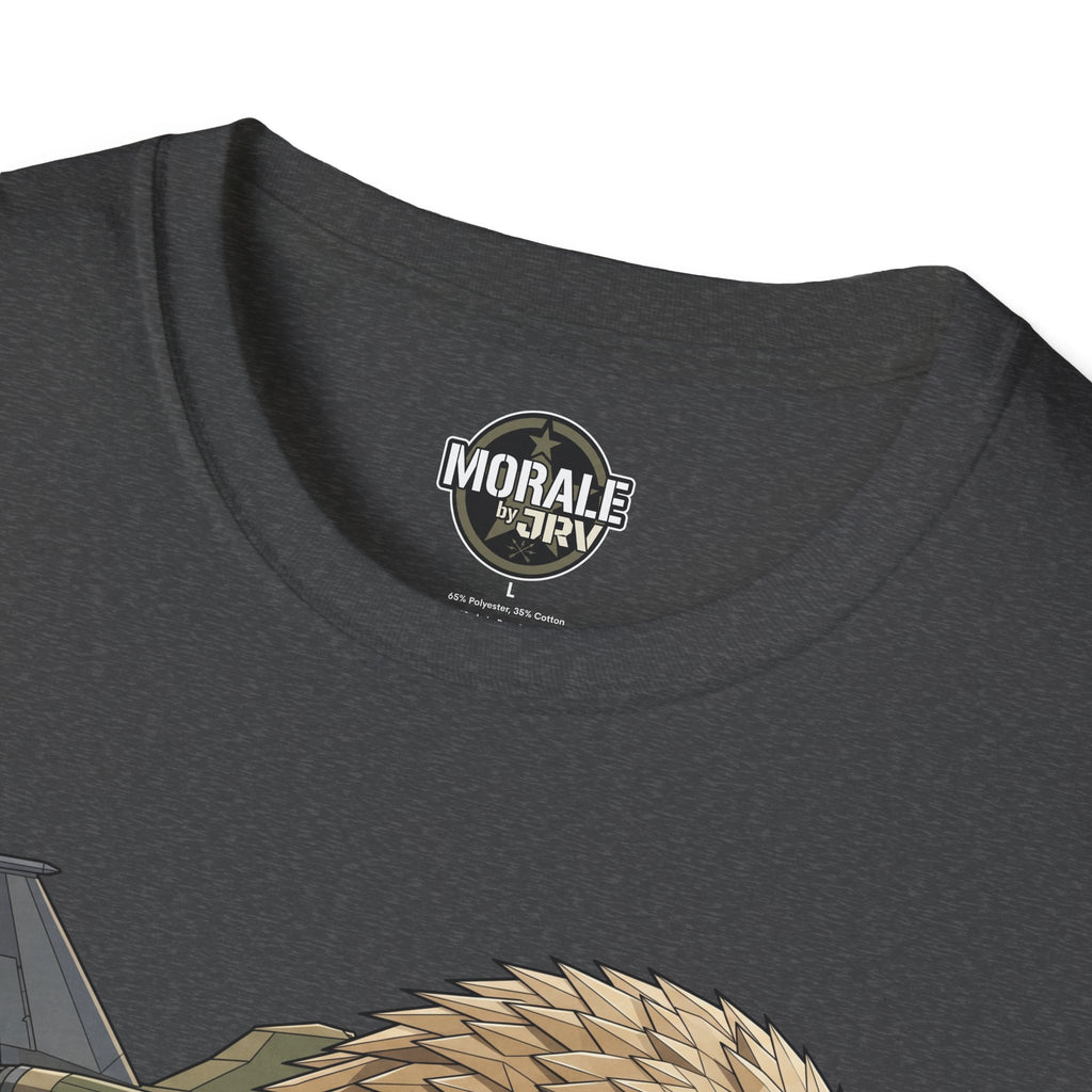 Dark gray T-shirt close-up: “MORAL by JRI” chest badge with fighter jet artwork
