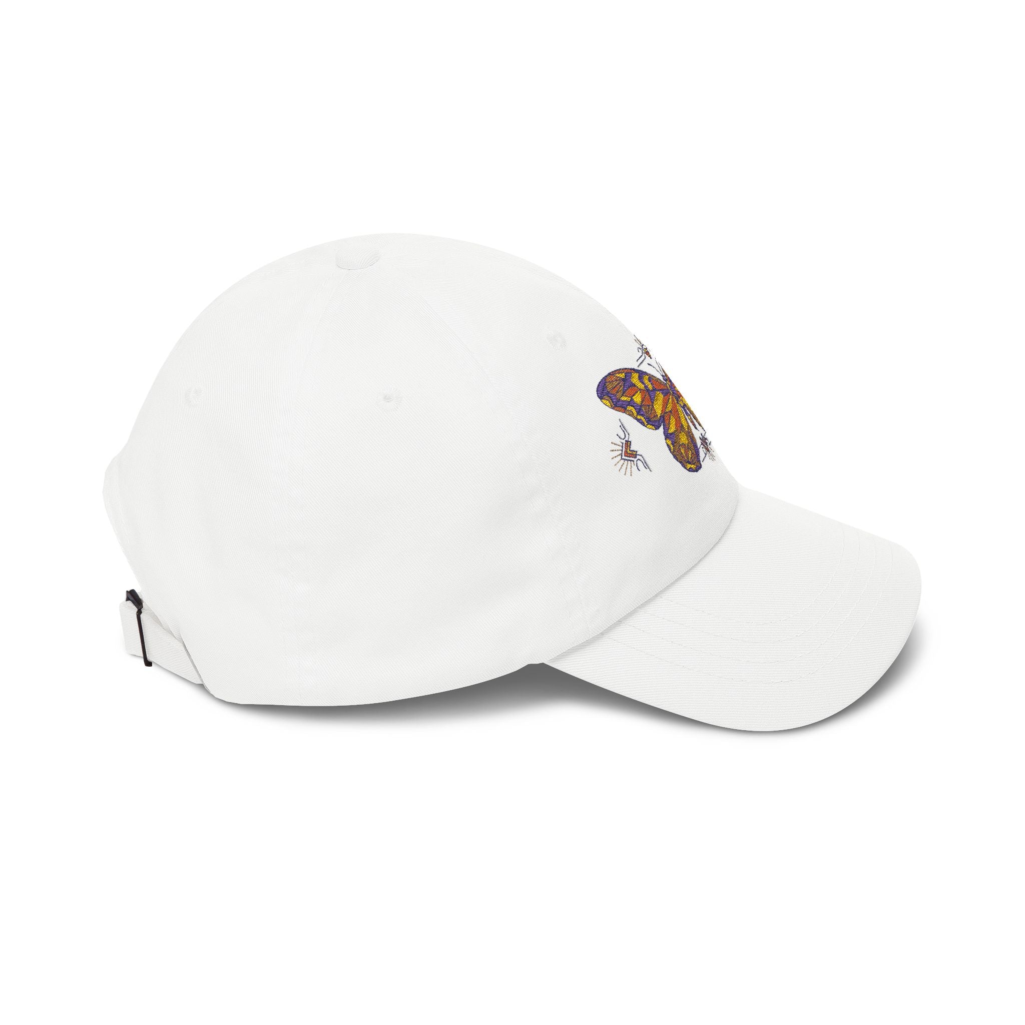 Embroidered dad cap in white with colorful moth embroidery near the front seam