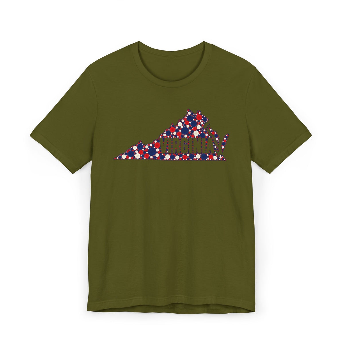 Olive green crewneck T-shirt with front Virginia map graphic in red, white, and blue