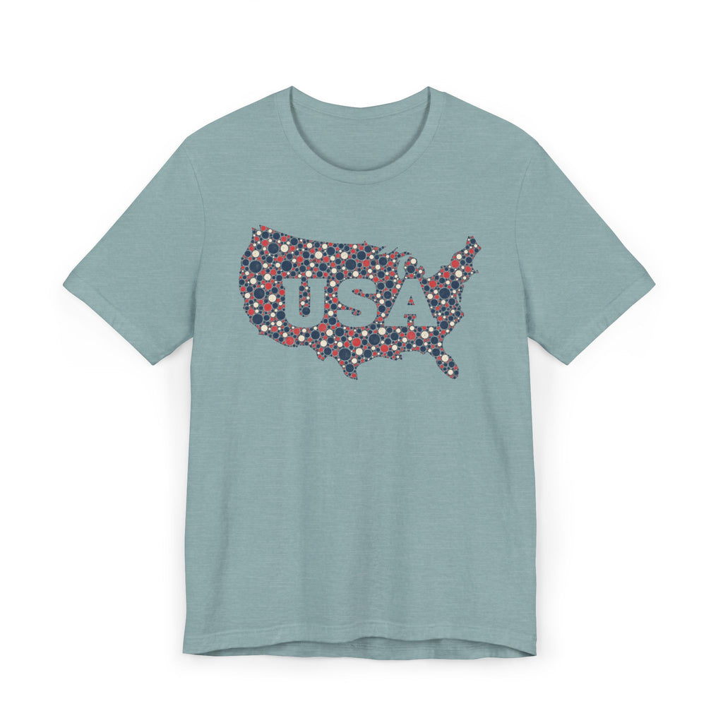 Light blue T-shirt with colorful floral USA outline graphic and "USA" text