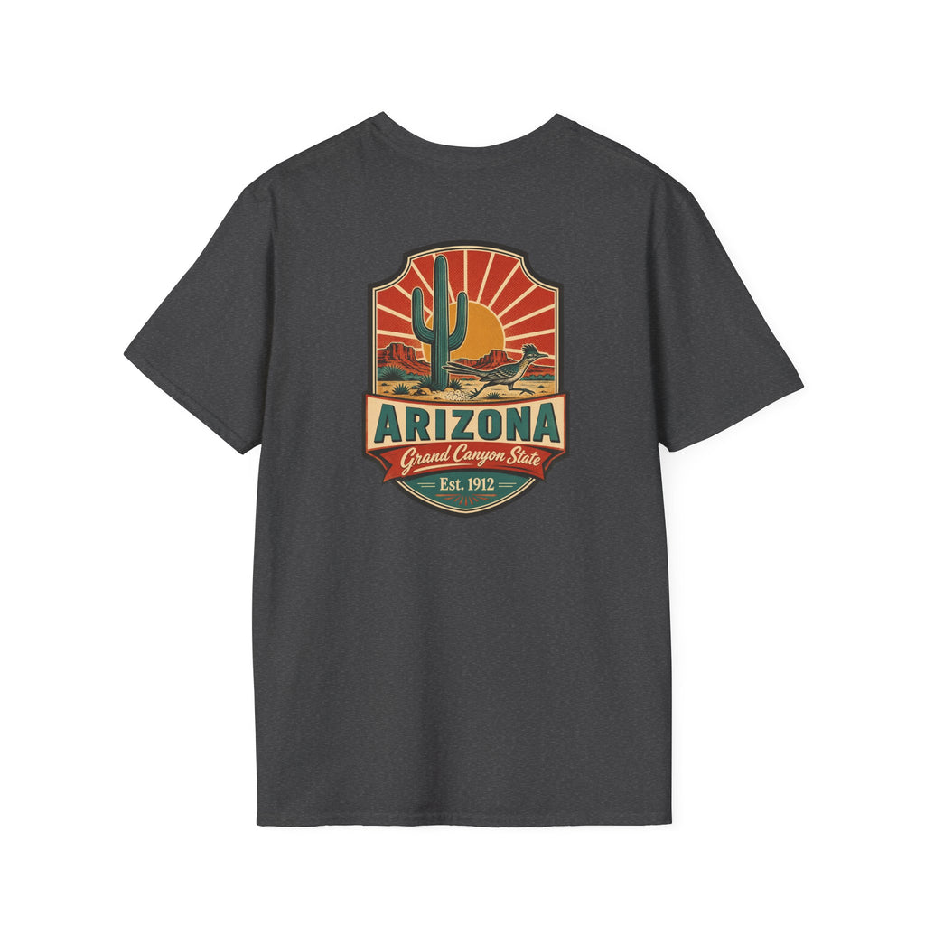 Dark heather t-shirt with Arizona desert badge logo and cactus graphic