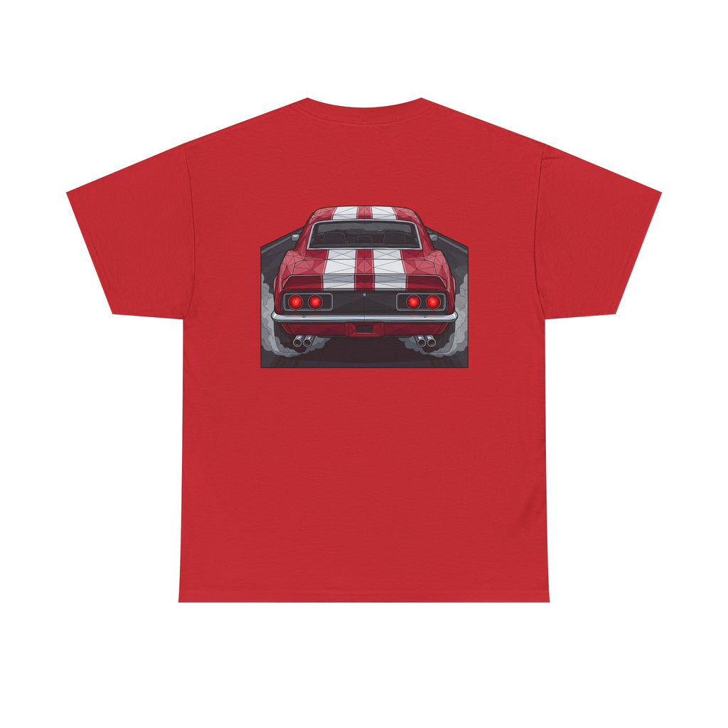 Red muscle car graphic tee with rear red-and-black car illustration