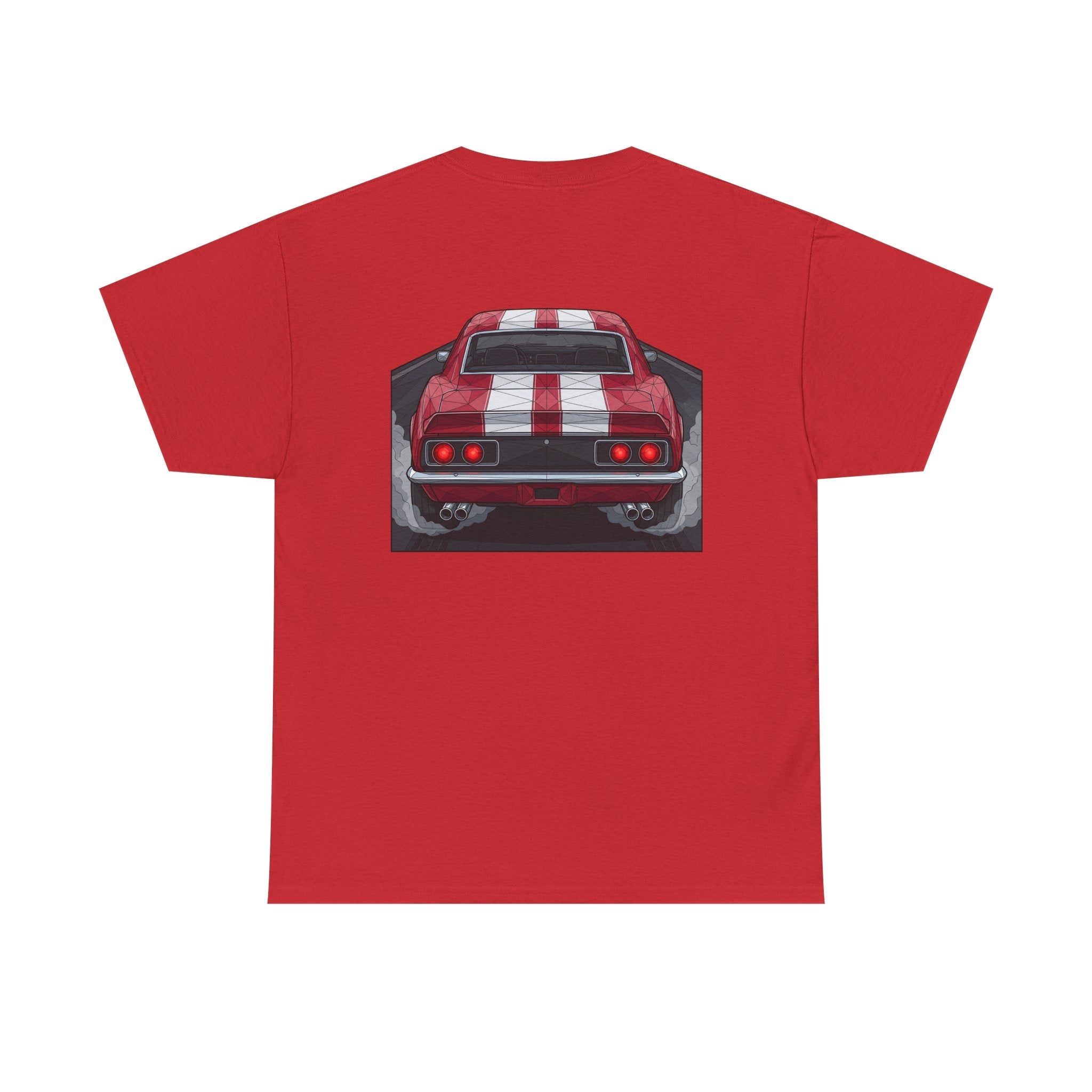 Red muscle car graphic tee with rear red-and-black car illustration