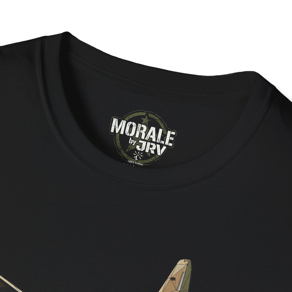 Vintage C-130 T-shirt, black collar label and logo print close-up