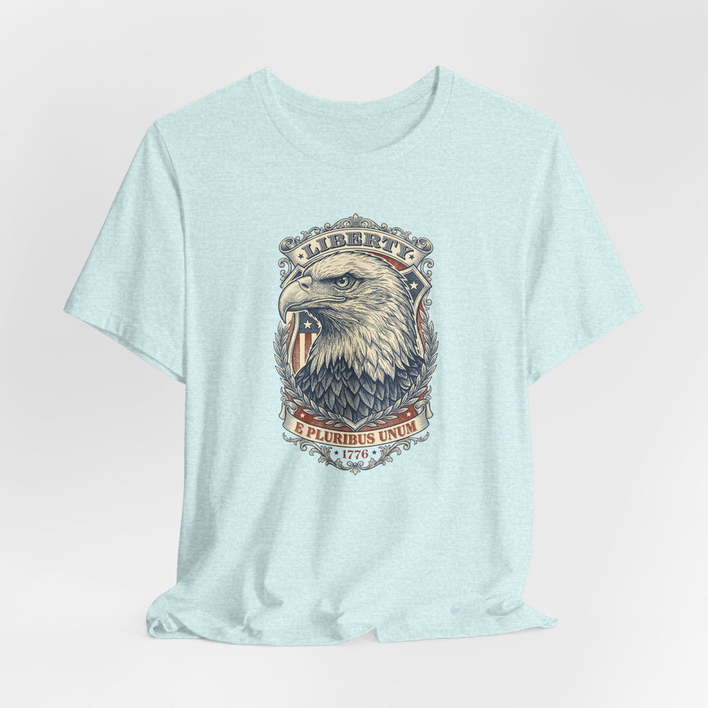 Light blue crewneck tee with centered bald eagle head graphic