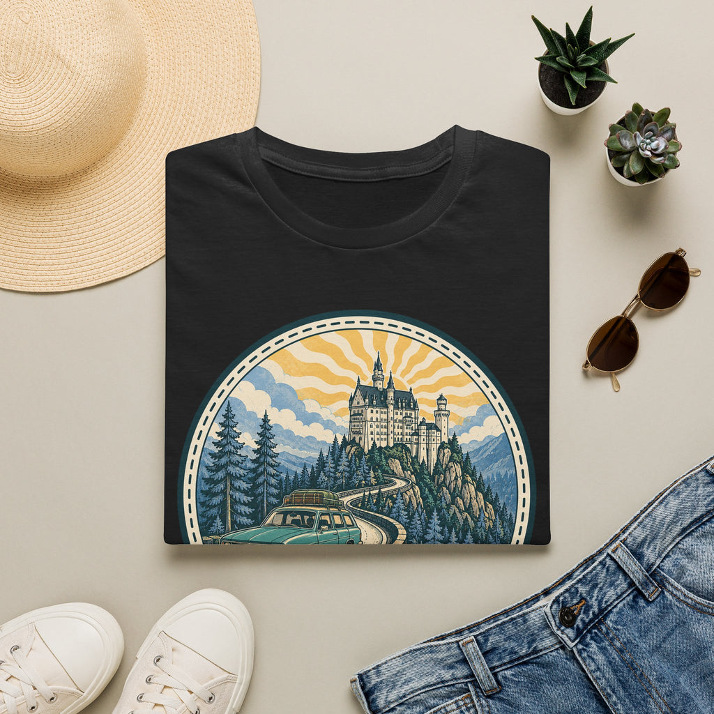 Black T-shirt with circular castle landscape illustration graphic