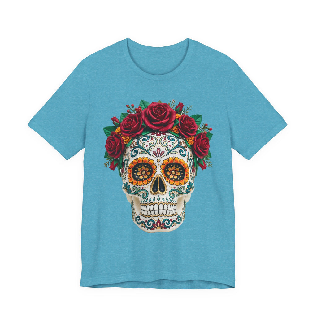 Heather aqua T-shirt with sugar skull and red rose crown graphic