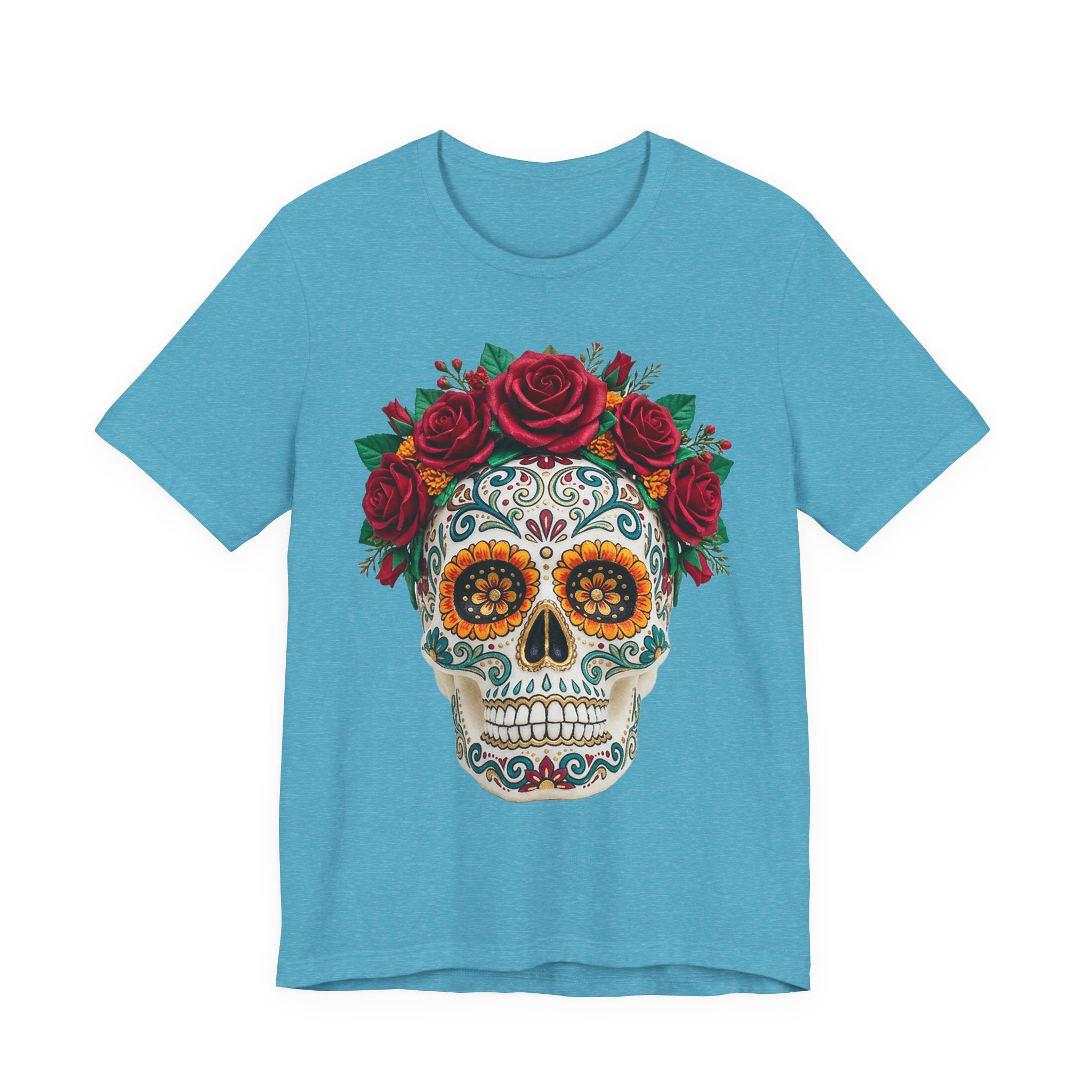 Heather aqua T-shirt with sugar skull and red rose crown graphic