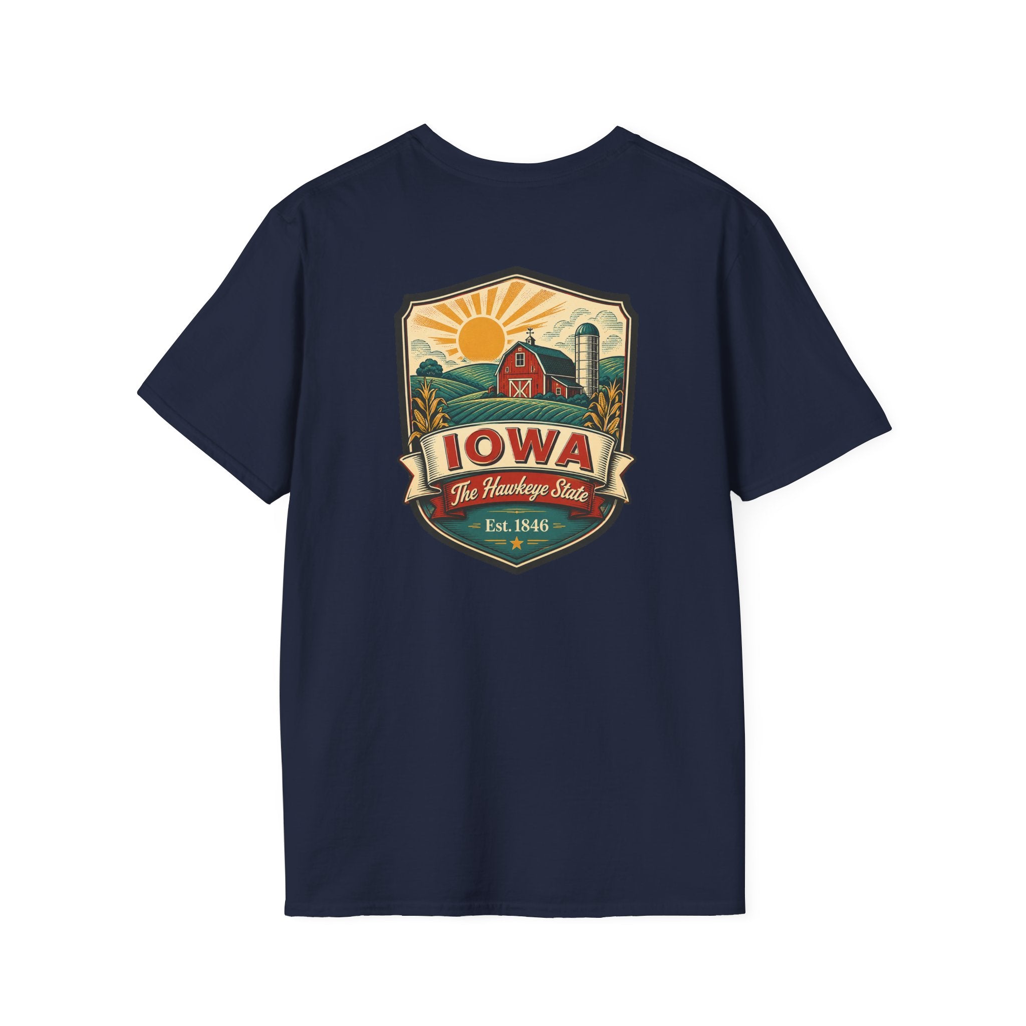 Navy Iowa travel badge T-shirt with front graphic logo print