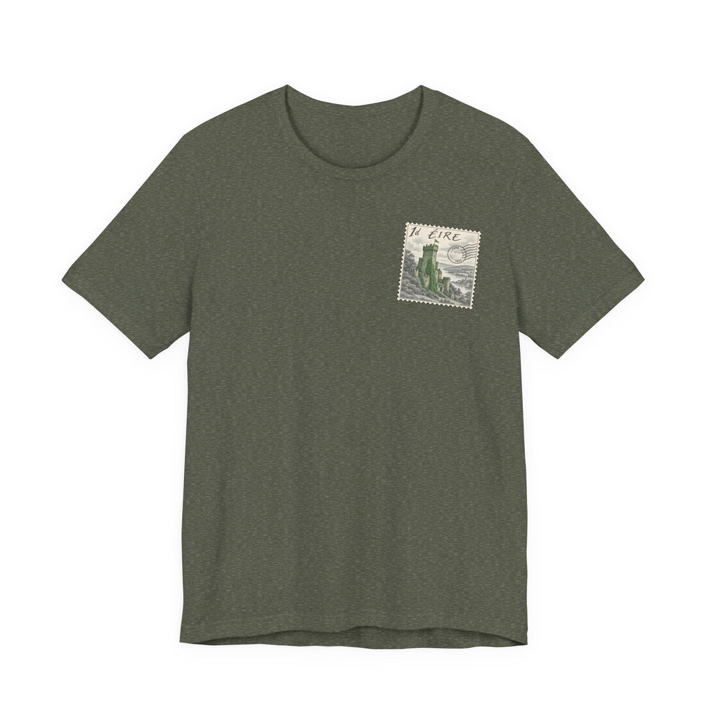 Olive-green travel t-shirt with vintage postage-stamp castle graphic on chest