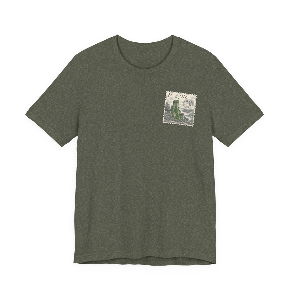 Olive-green travel t-shirt with vintage postage-stamp castle graphic on chest