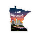 I AM Minnesota sticker: state outline with skyline, sunset, and “Minnesota” text