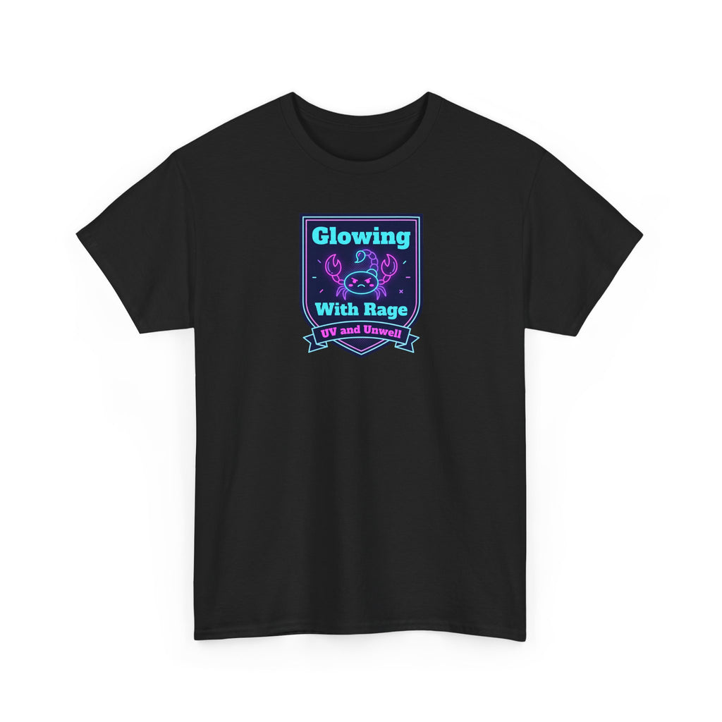 Black crew-neck short-sleeve t-shirt with neon square graphic on chest.