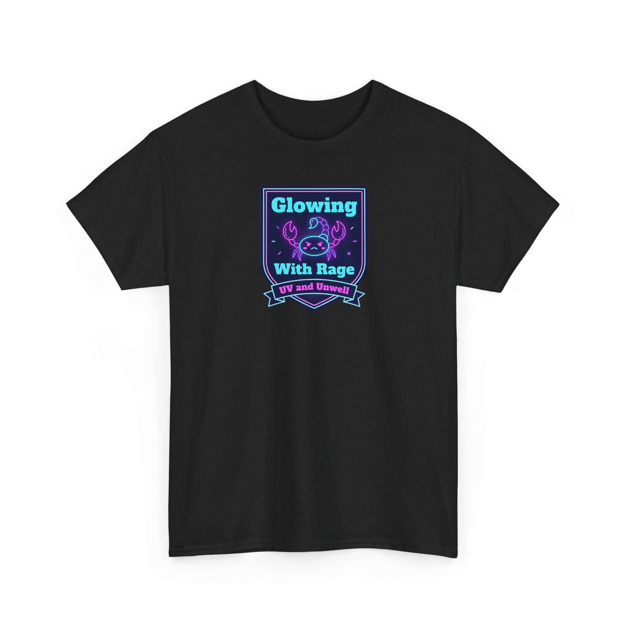Black crew-neck short-sleeve t-shirt with neon square graphic on chest.