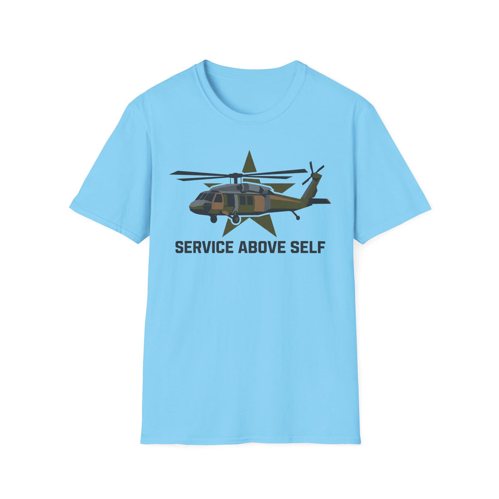 Service Above Self T-shirt in sky blue with helicopter star graphic on chest