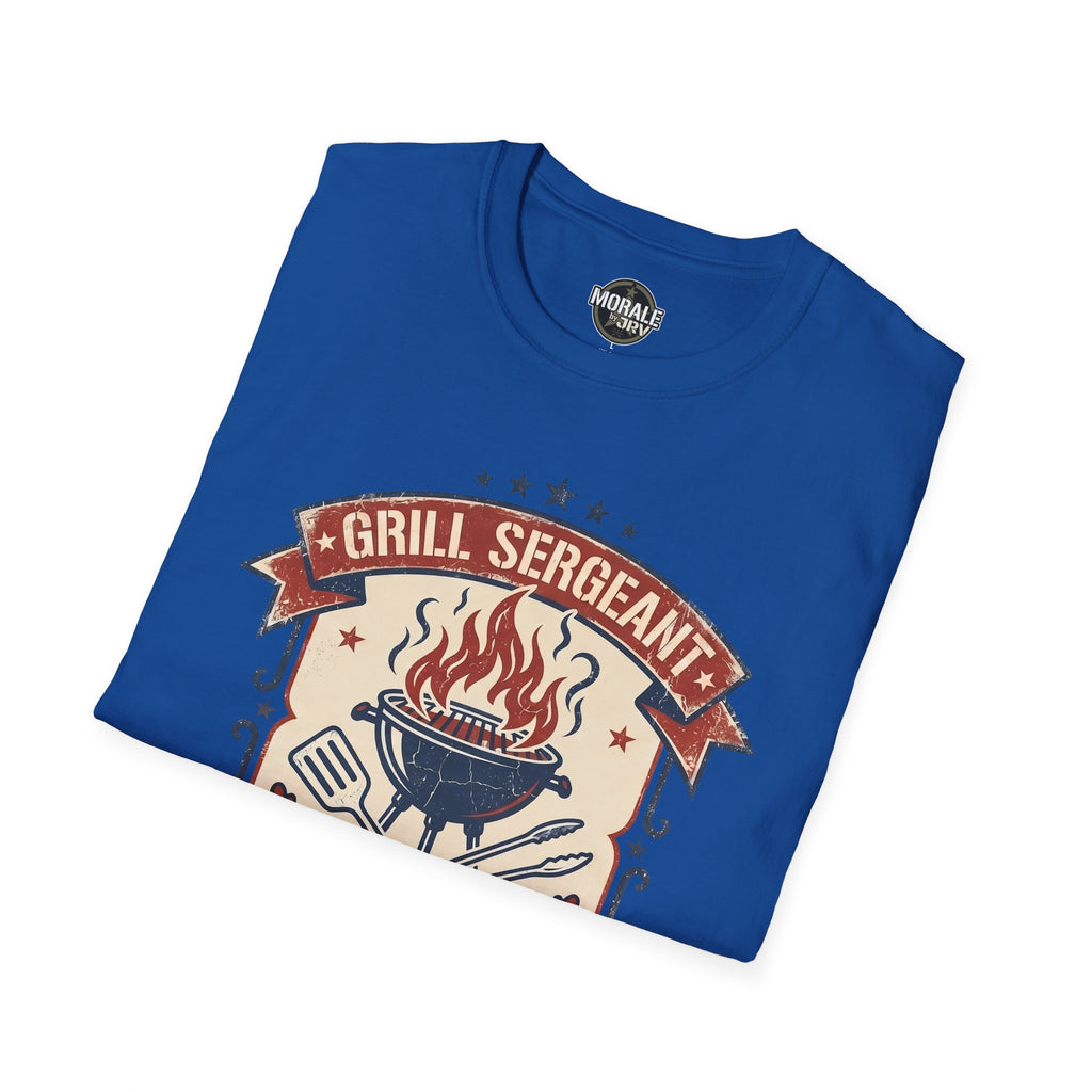 Royal blue Grill Sergeant graphic t-shirt with “GRILL SERGEANT” BBQ flames