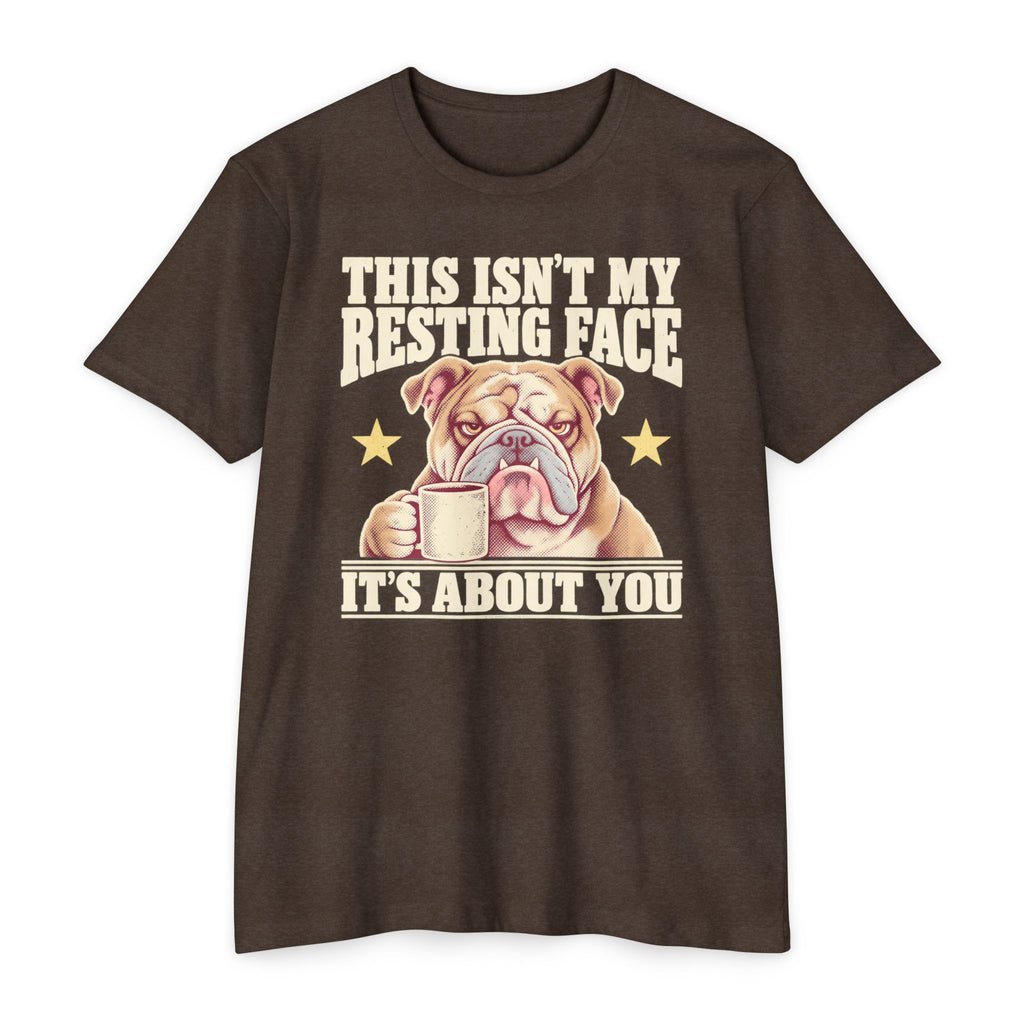 Dark brown short-sleeve T-shirt with grumpy bulldog holding a coffee mug graphic