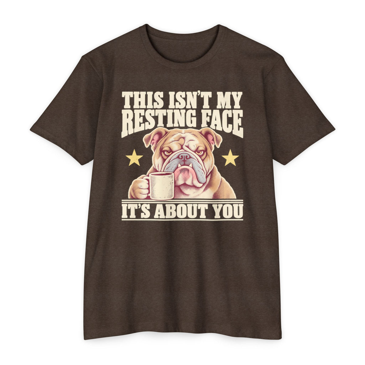Dark brown short-sleeve T-shirt with grumpy bulldog holding a coffee mug graphic