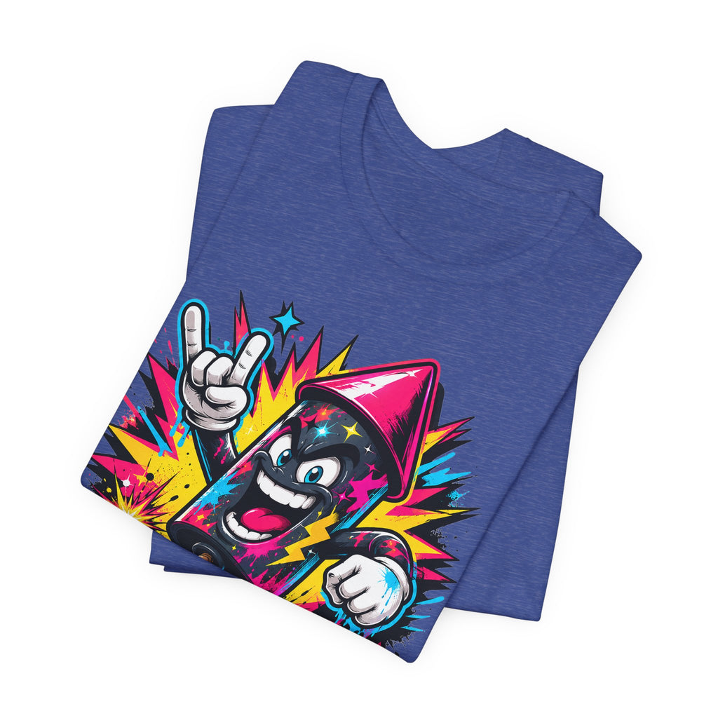 Heather blue crewneck T-shirt with colorful cartoon cat “Light it up” graffiti graphic