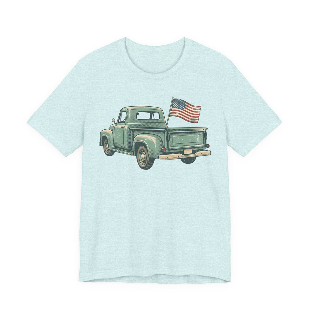 Light blue T-shirt with green pickup truck and American flag graphic